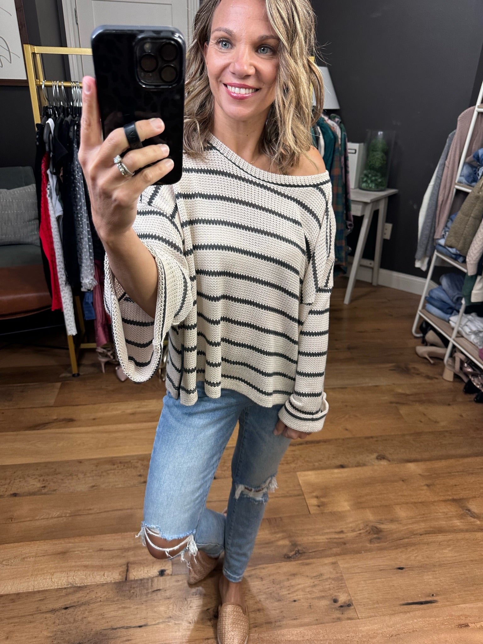Now That We Don't Talk Striped Wide-Sleeve Knit - Taupe/Charcoal
