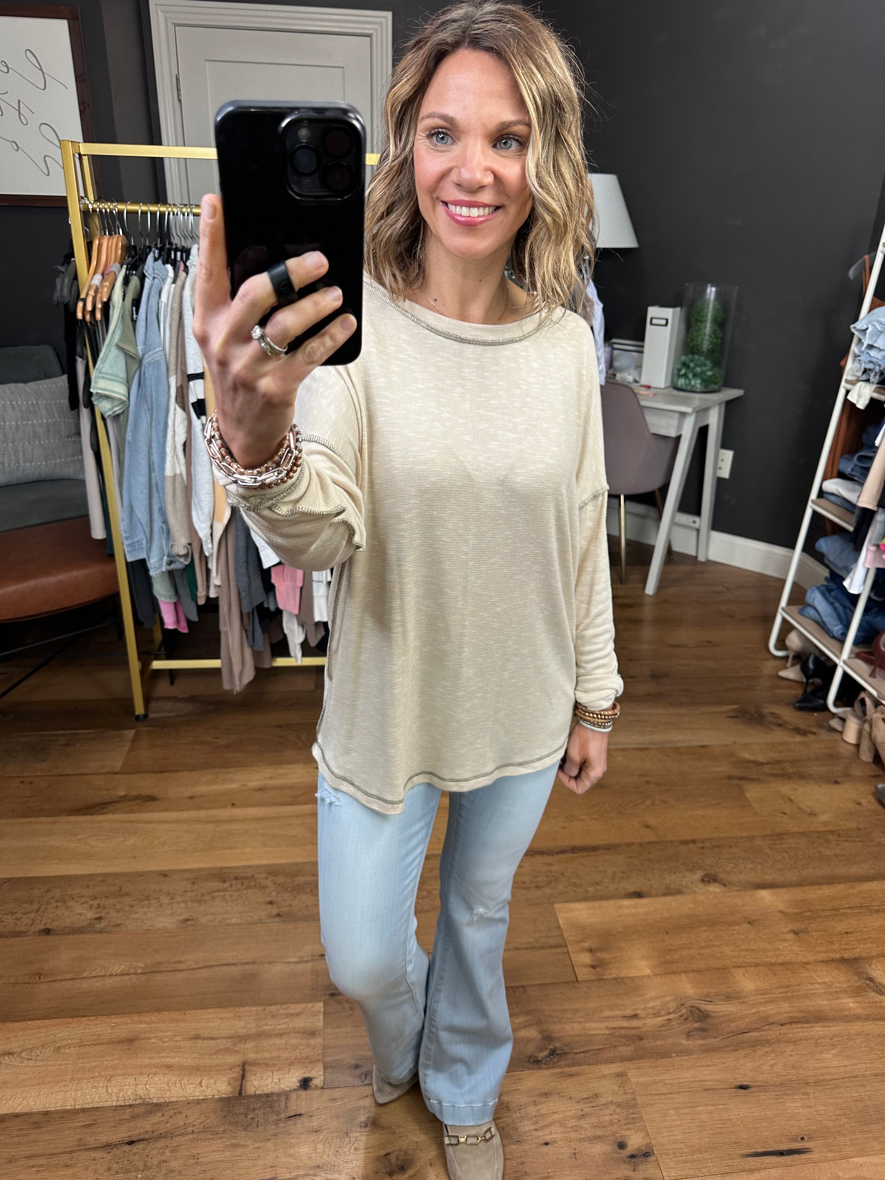 True Already Washed Raw Hem Long Sleeve Top - Oatmeal-Long Sleeves-Staccato 17125c-Anna Kaytes Boutique, Women's Fashion Boutique in Grinnell, Iowa