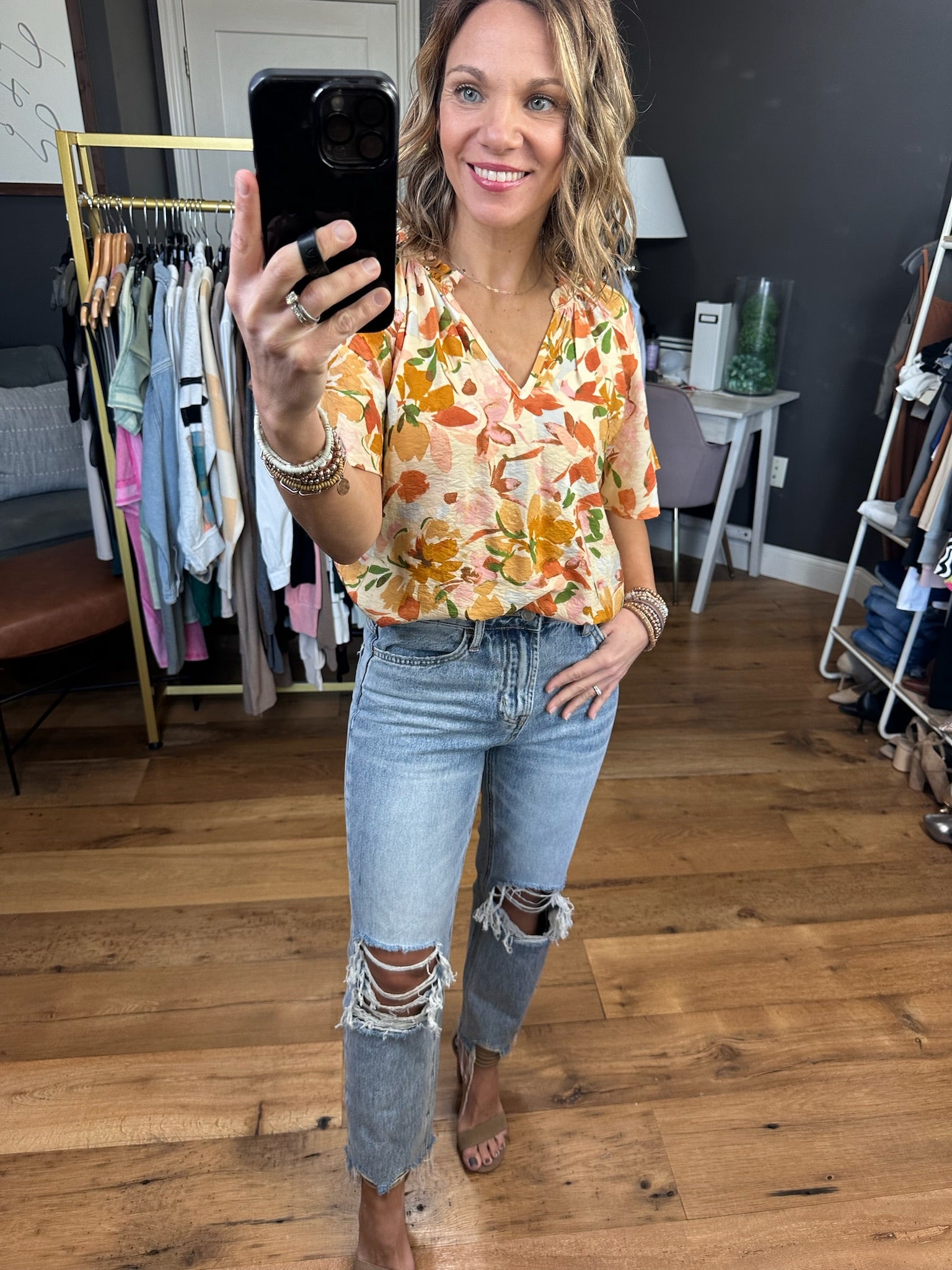 Giving Your Best Watercolor Floral Top - Yellow-Short Sleeves-Les Amis T1502-A-Anna Kaytes Boutique, Women's Fashion Boutique in Grinnell, Iowa