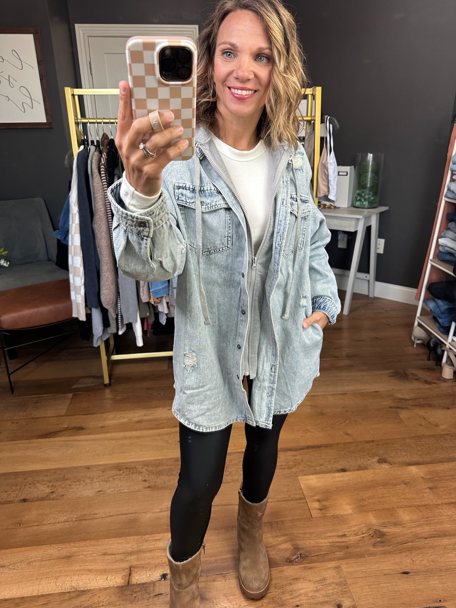 Do It All Denim Hoodie Jacket - Acid Wash-Jackets-Risen RDJ1128-Anna Kaytes Boutique, Women's Fashion Boutique in Grinnell, Iowa