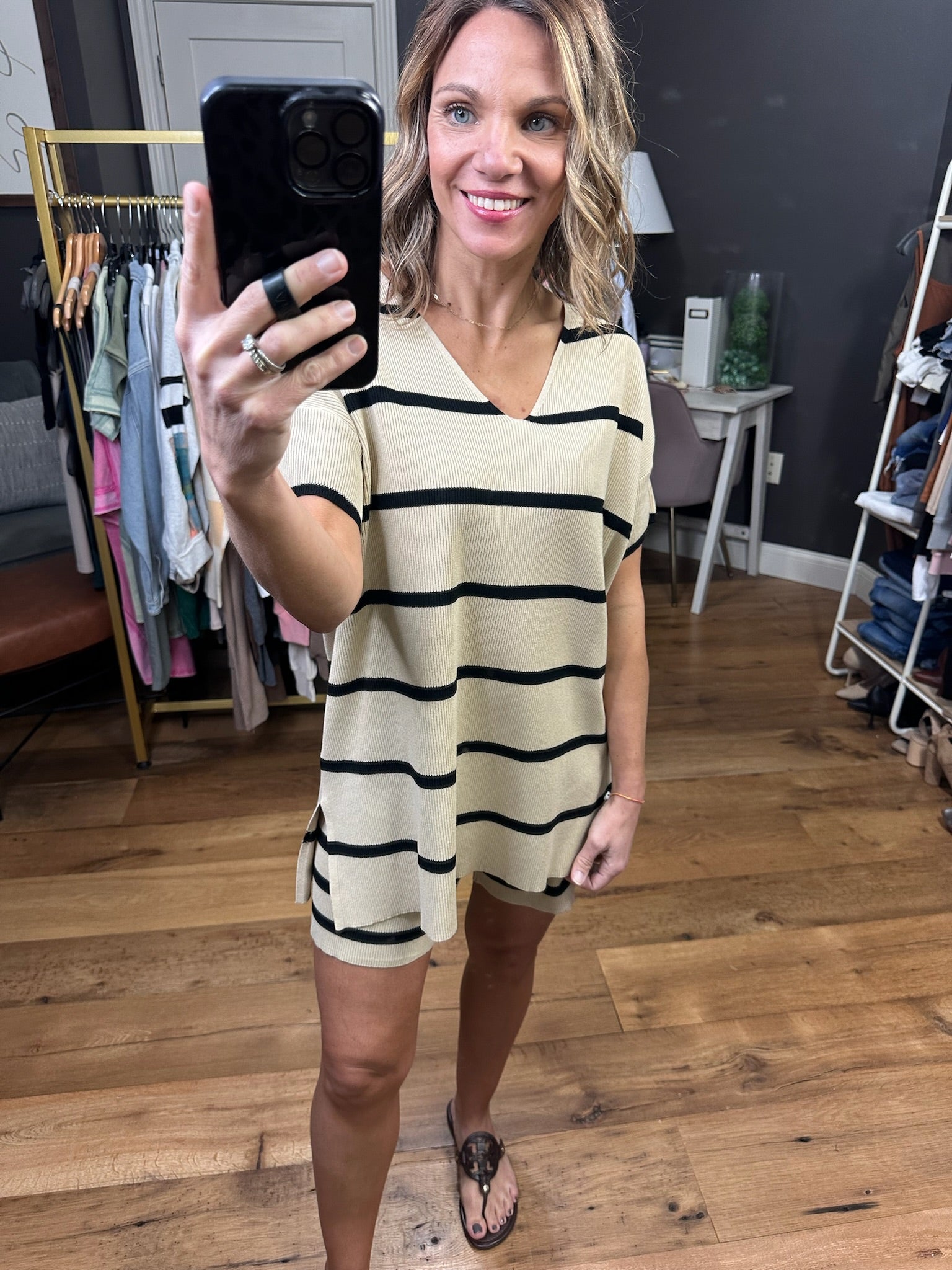 On the Other Side Striped Set - Taupe/Black-Two Piece Set-Wishlist-Anna Kaytes Boutique, Women's Fashion Boutique in Grinnell, Iowa