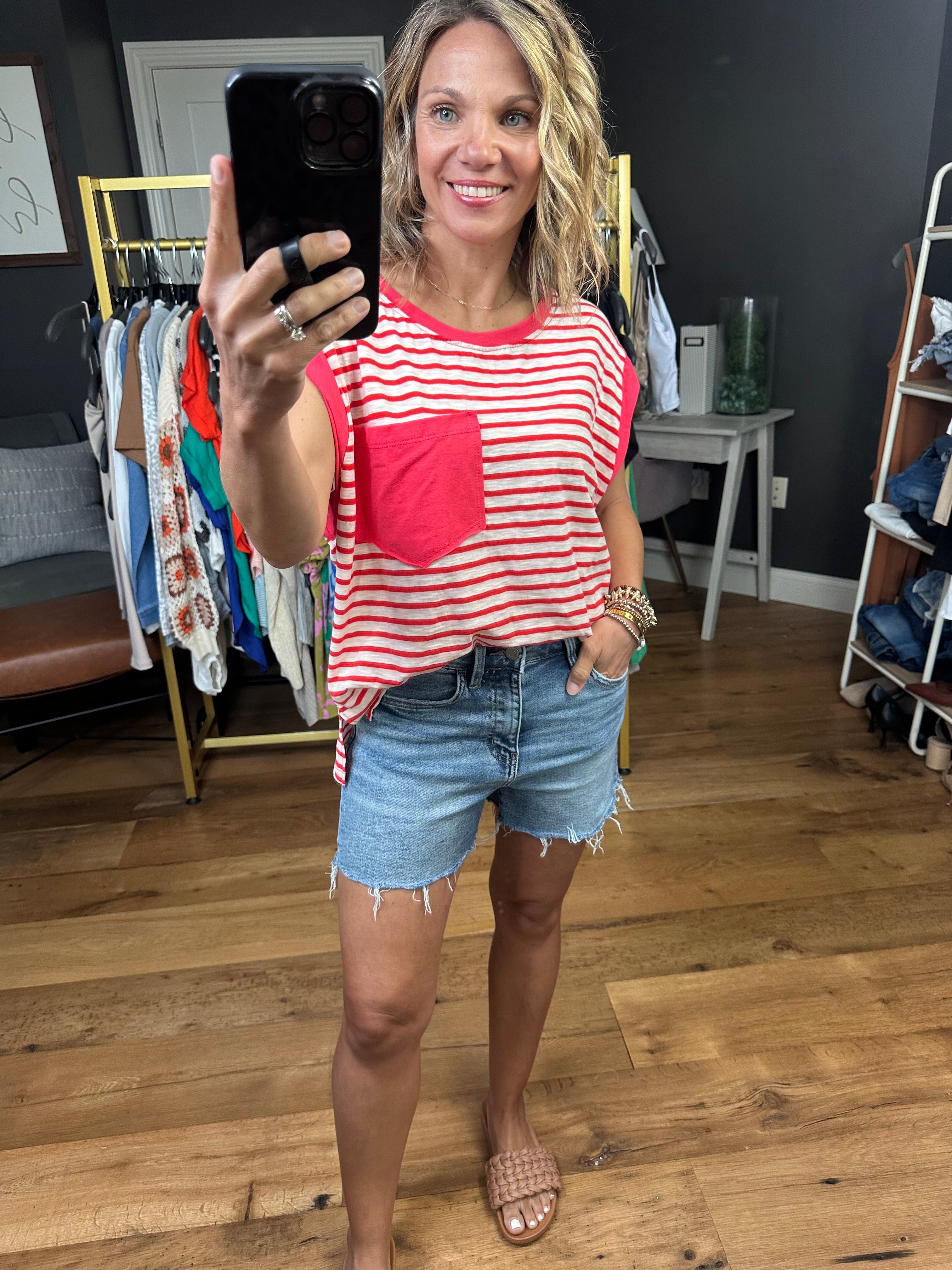 For the Freedom Striped Pocket Tee - Red-Short Sleeves-Ces Femme-Anna Kaytes Boutique, Women's Fashion Boutique in Grinnell, Iowa