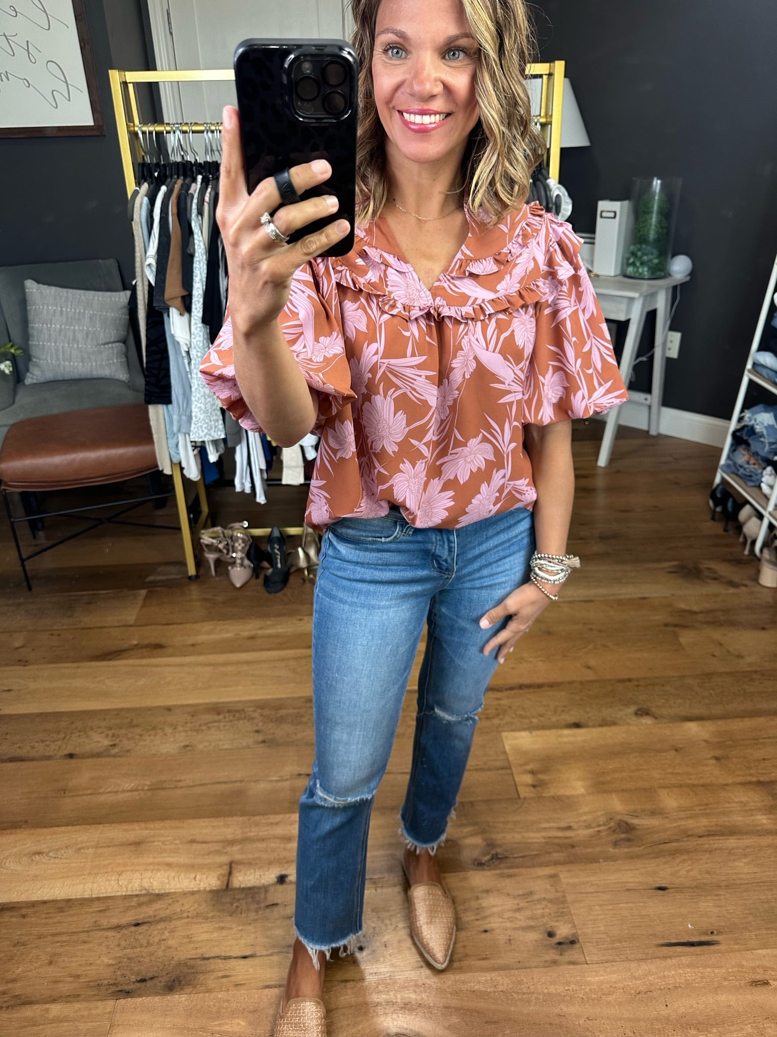 Going Somewhere Statement Sleeve Top With Floral Detail - Cinnamon/Mauve