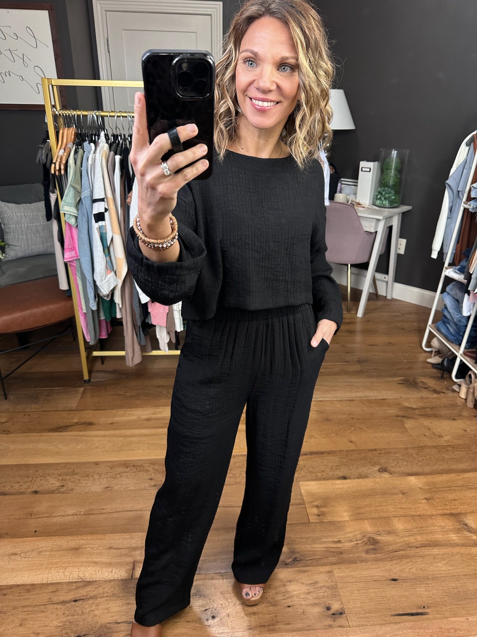 This Is It Wide-Leg + Cropped Long Sleeve Set - Black-Two Piece Set-Blu Pepper B3SX1007-T B3SX1007-B-Anna Kaytes Boutique, Women's Fashion Boutique in Grinnell, Iowa