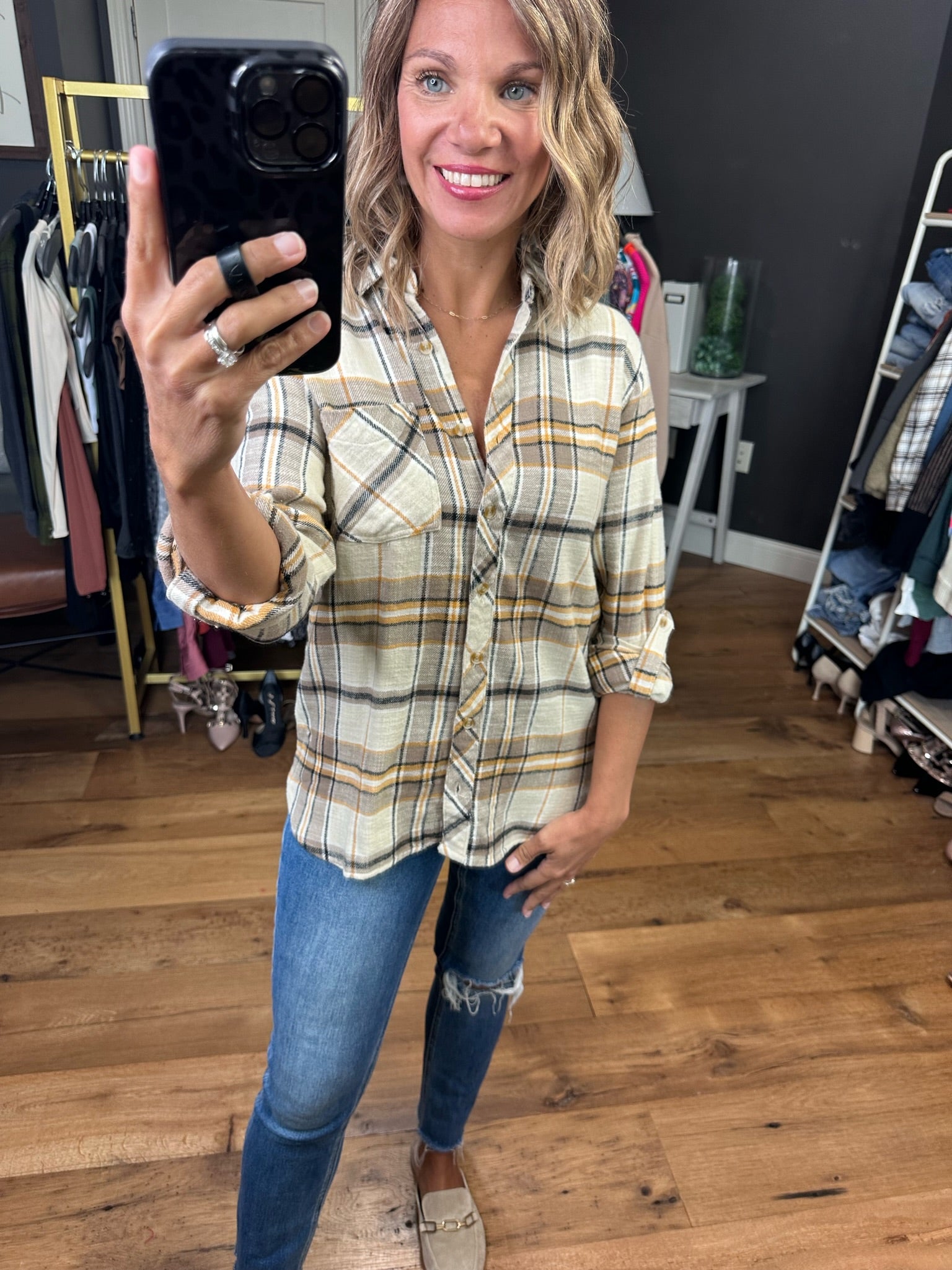 Right Directions Plaid Button-Down Top - Navy