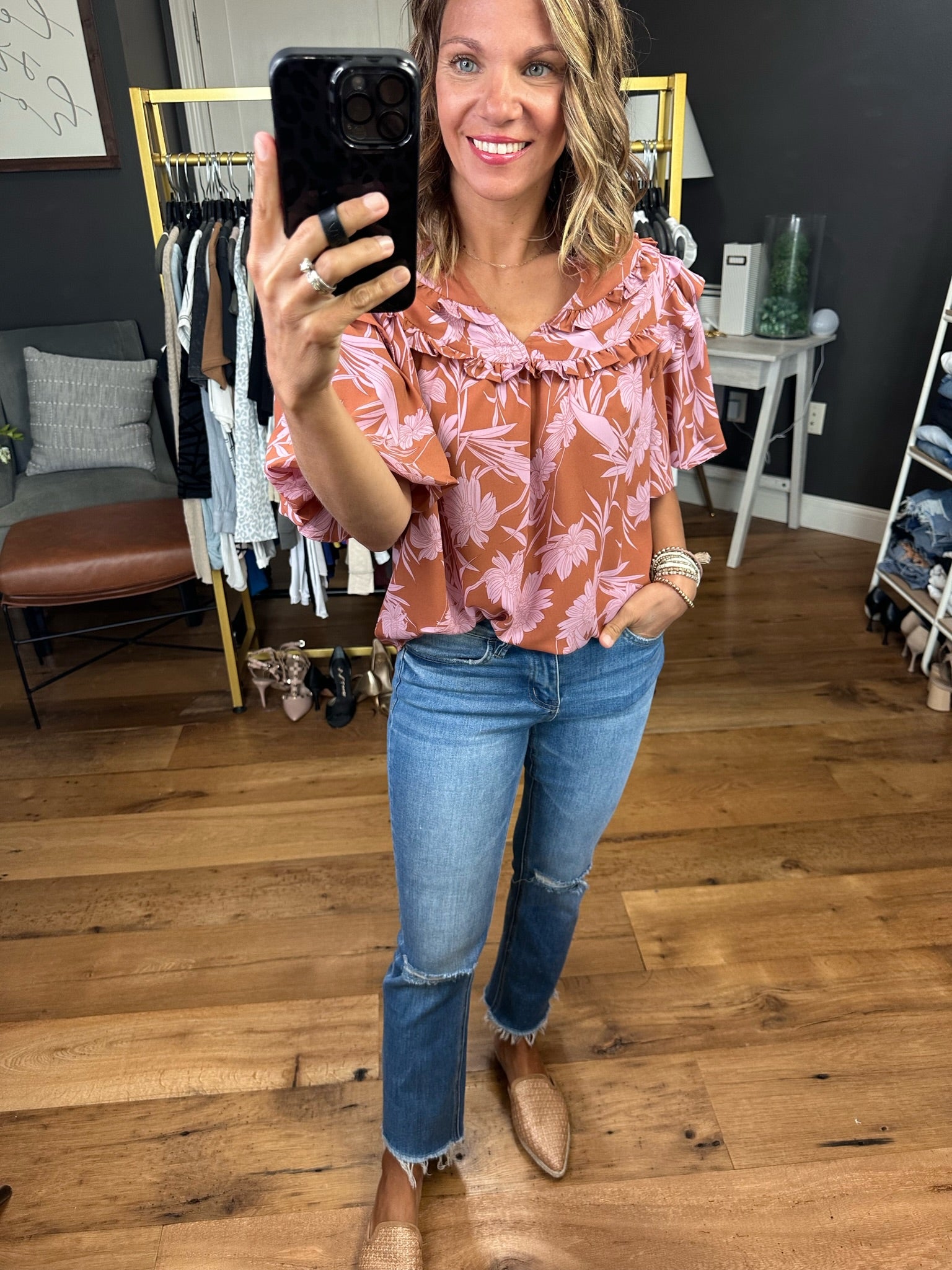 Going Somewhere Statement Sleeve Top With Floral Detail - Cinnamon/Mauve