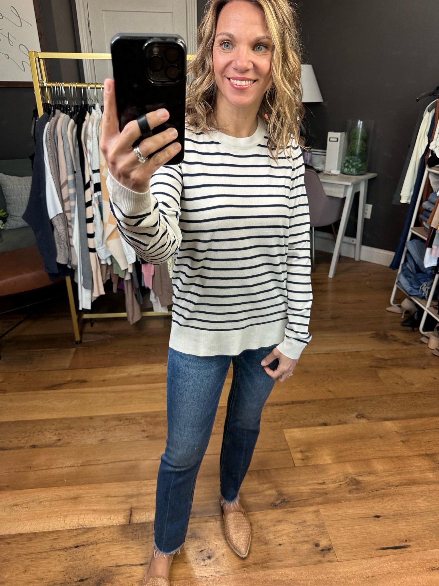 Know It All Striped Lightweight Sweater - Ivory/Navy
