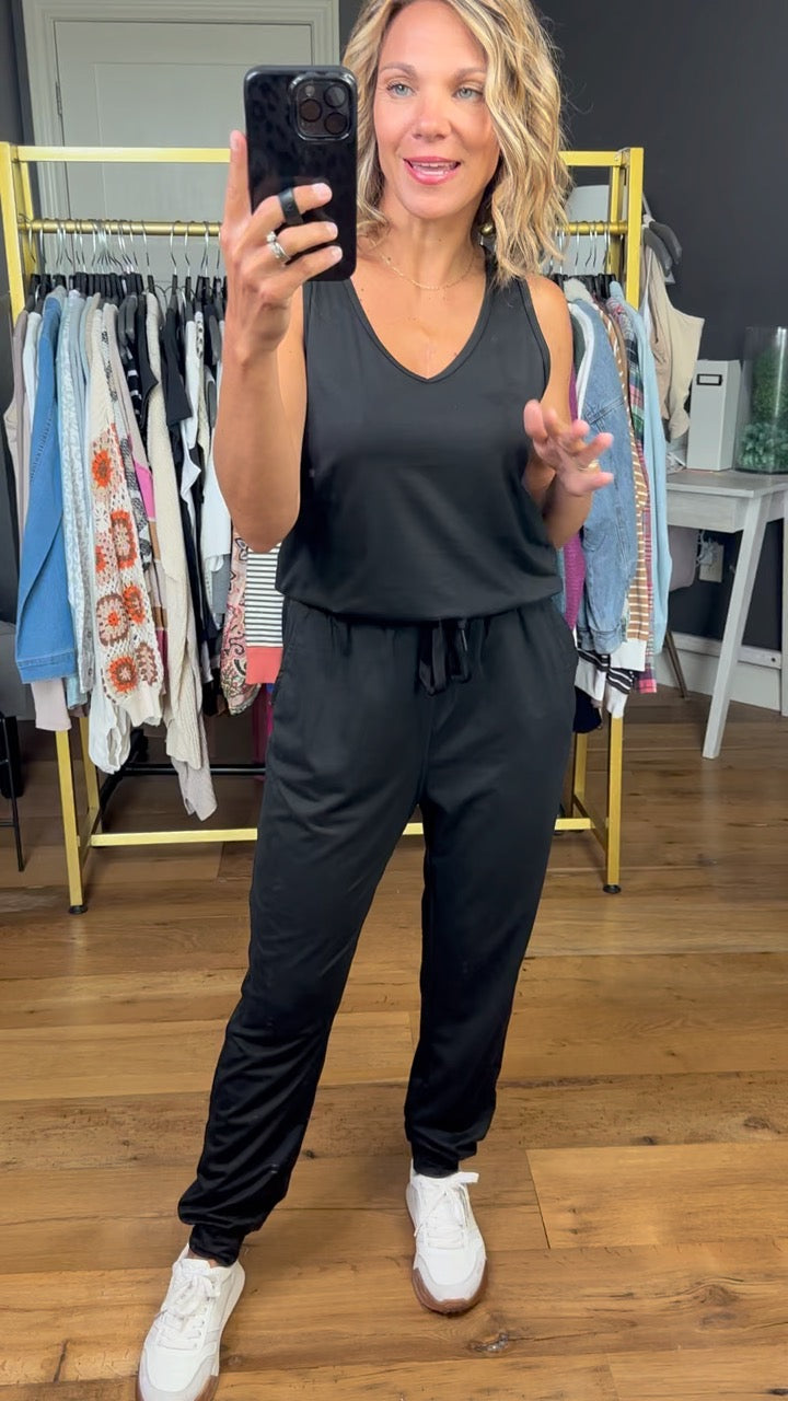 Stepping Up V-Neck Jumpsuit - Black-Wishlist-Anna Kaytes Boutique, Women's Fashion Boutique in Grinnell, Iowa