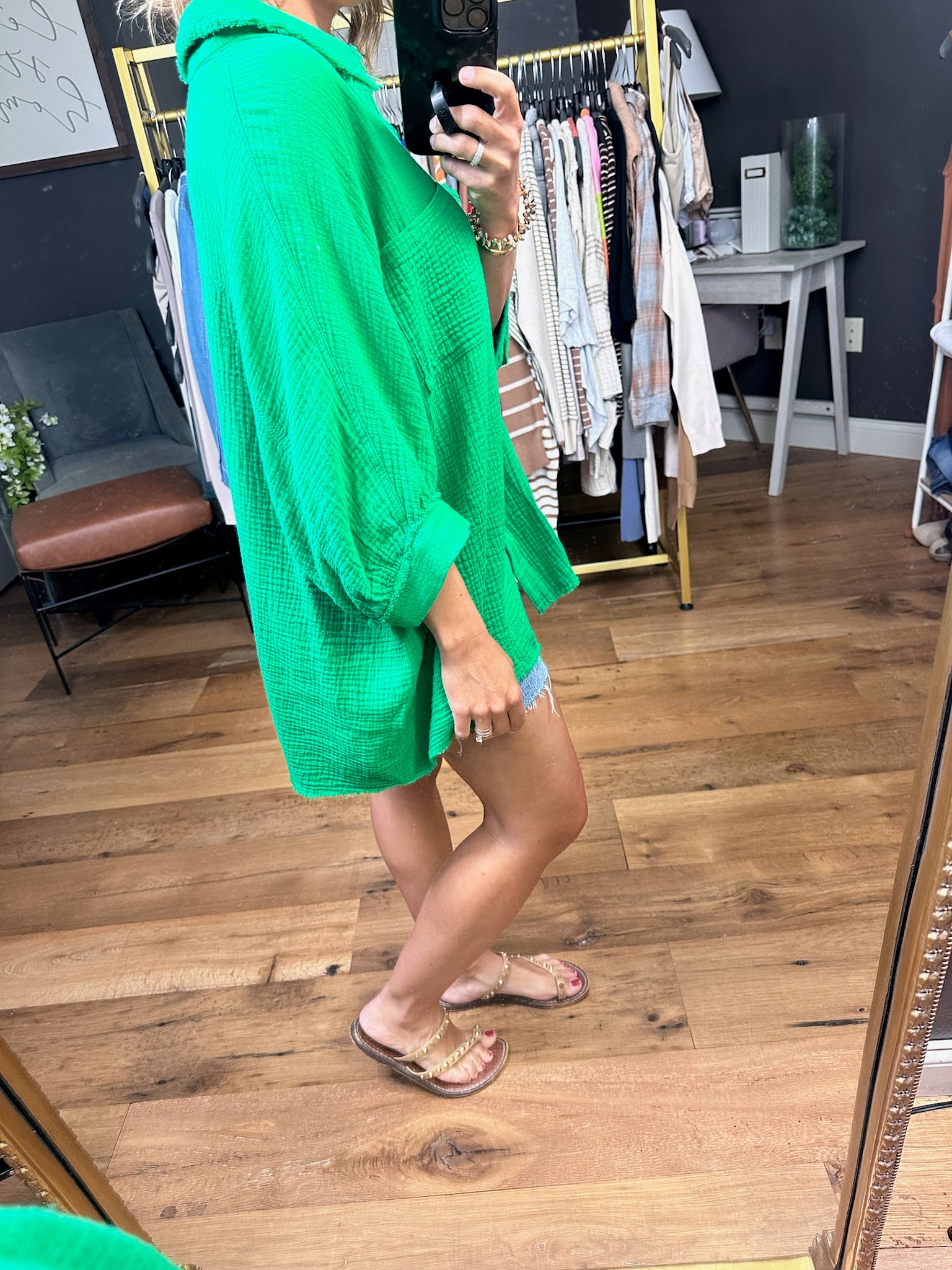 Time Standing Still Button-Down Dolman Sleeve Top - Apple Green-Short Sleeves-La Miel-Anna Kaytes Boutique, Women's Fashion Boutique in Grinnell, Iowa