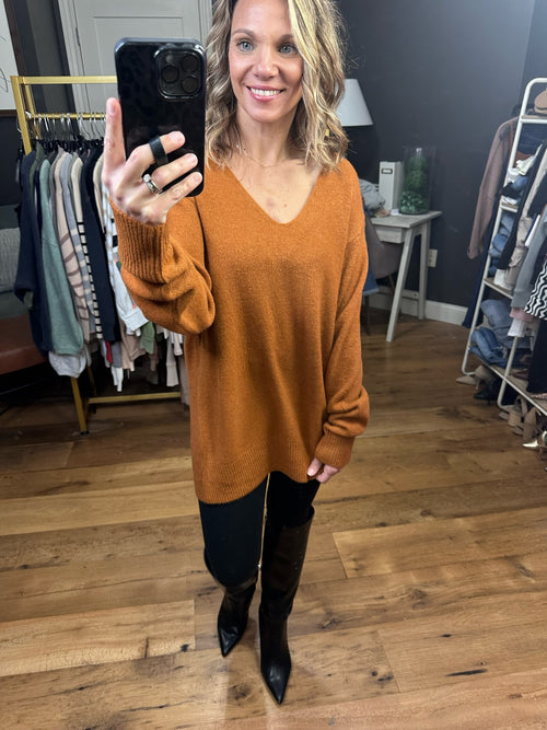 Sweet On You V-Neck Knit Sweater - Deep Caramel-Skies Are Blue 45566-Anna Kaytes Boutique, Women's Fashion Boutique in Grinnell, Iowa