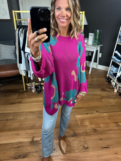 Positive Thinking Patterned Oversized Sweater - Teal/Magenta