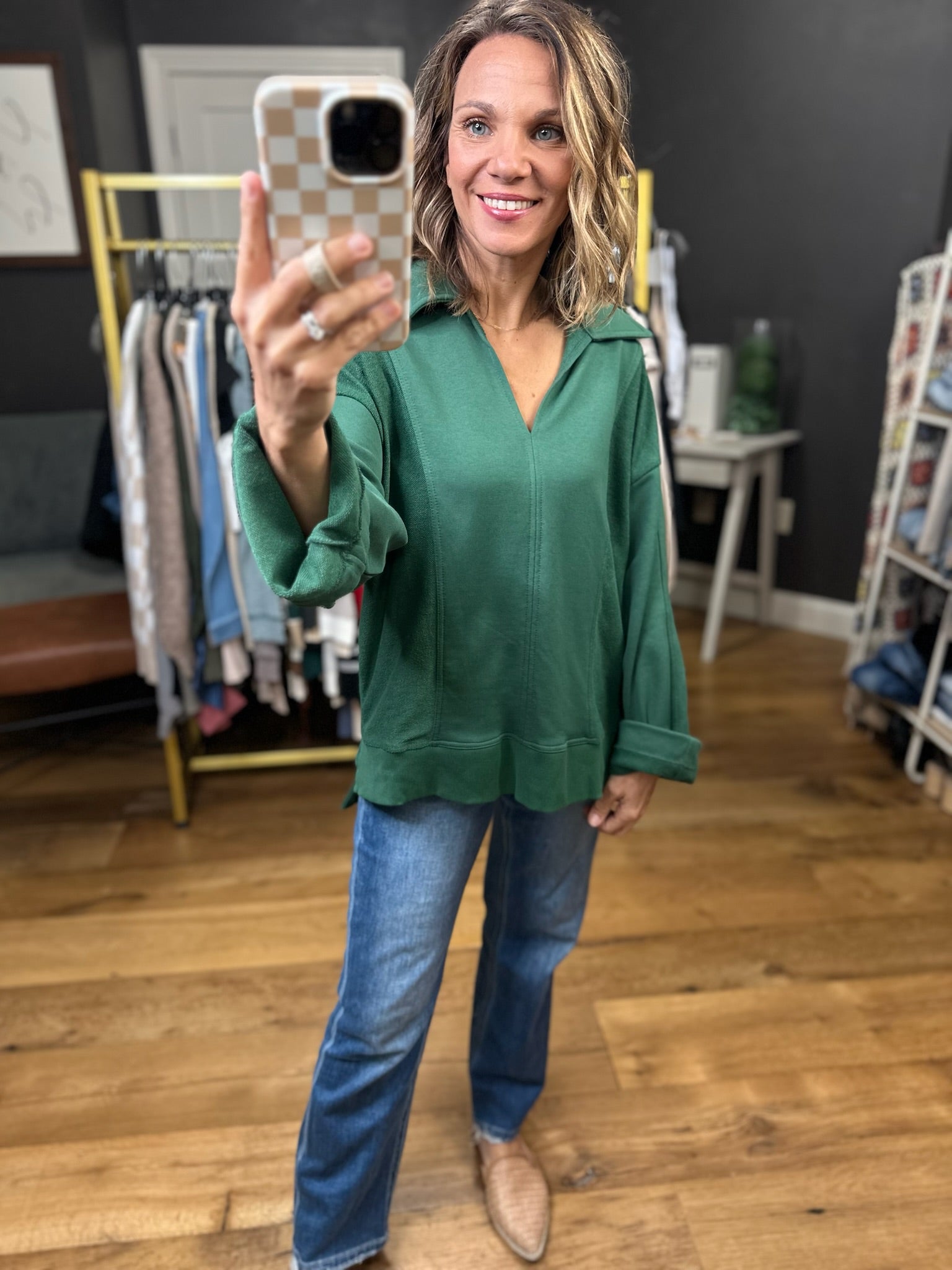 Going For It V-Neck Collared Pullover - Hunter Green-Entro-Anna Kaytes Boutique, Women's Fashion Boutique in Grinnell, Iowa