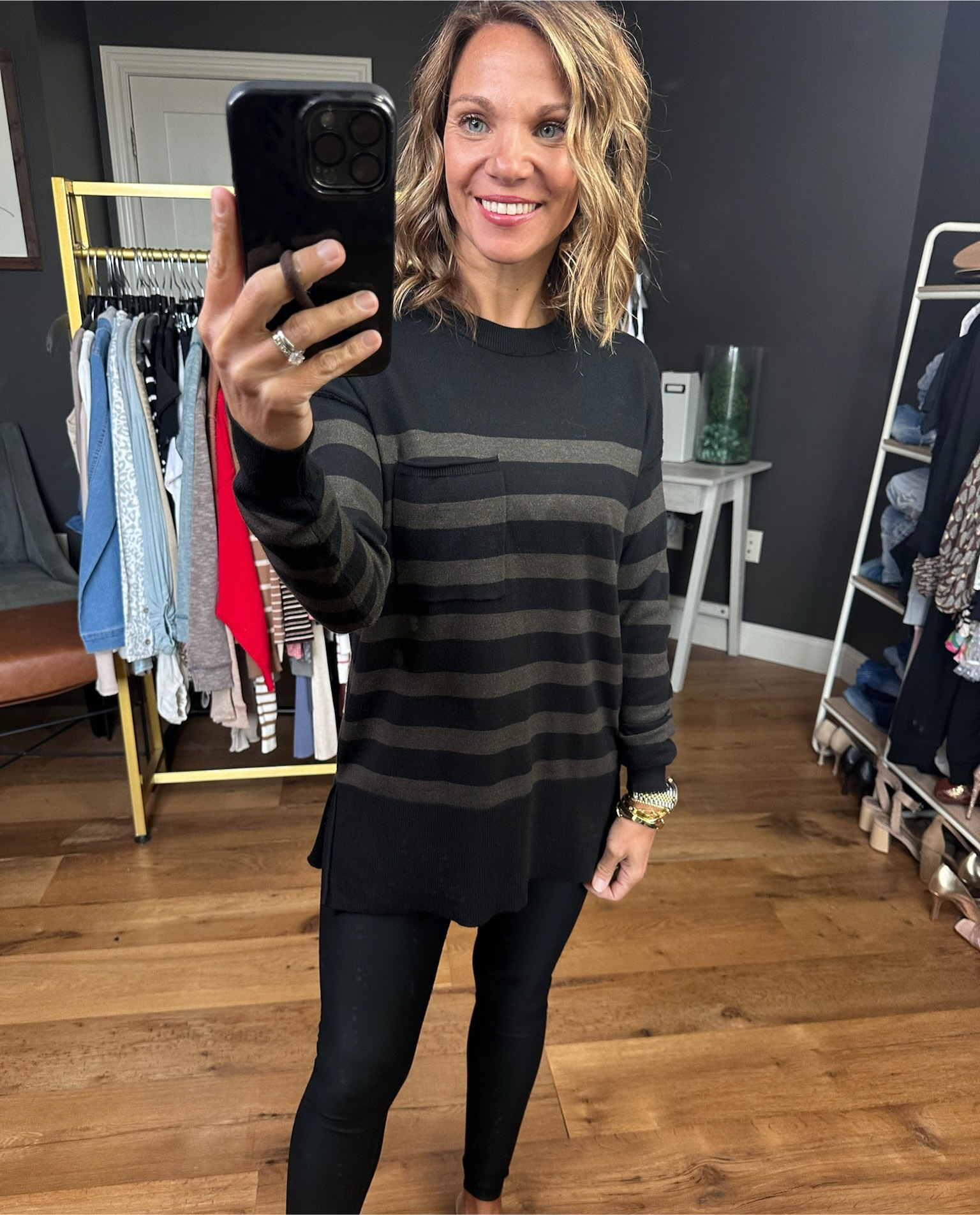 First Come Striped Pocket Lightweight Sweater - Charcoal-Be Cool-Anna Kaytes Boutique, Women's Fashion Boutique in Grinnell, Iowa