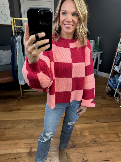 Just As You Are Checkered Sweater - Brick/Peach