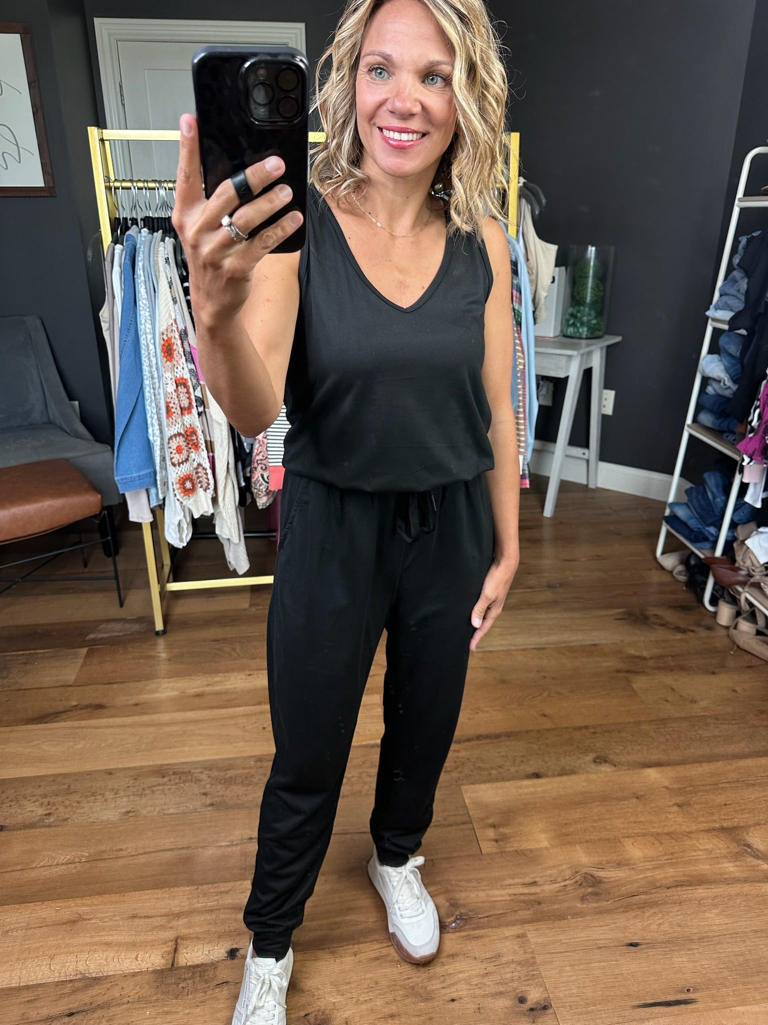 Stepping Up V-Neck Jumpsuit - Black-Wishlist-Anna Kaytes Boutique, Women's Fashion Boutique in Grinnell, Iowa