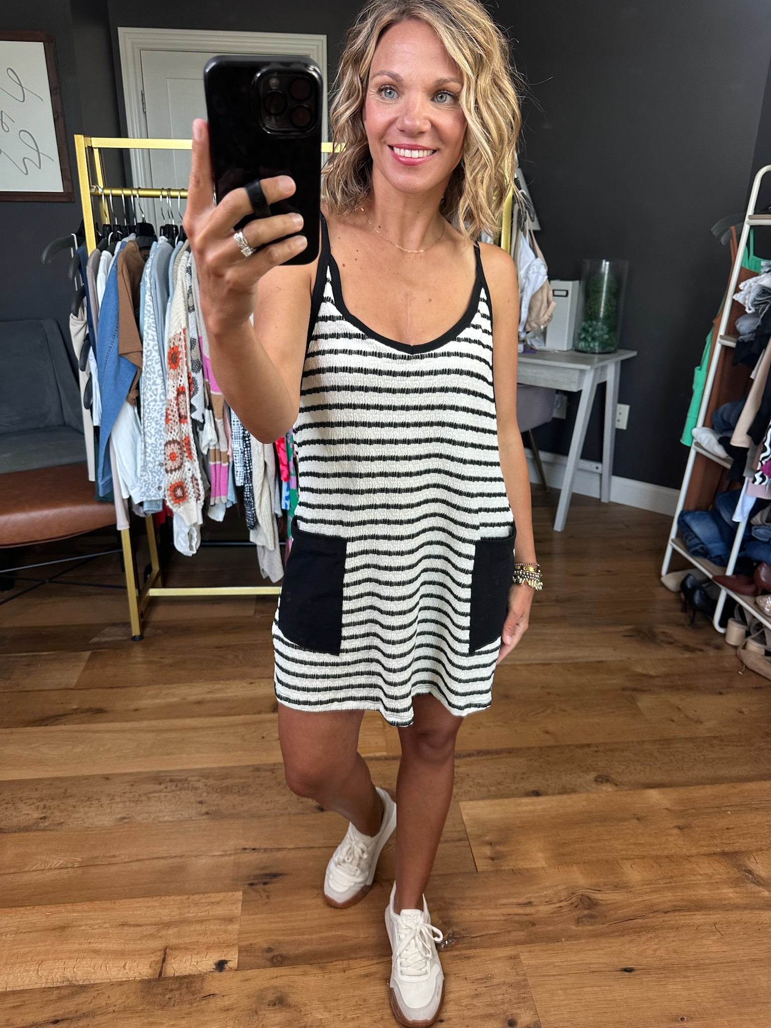 Summer Essence Striped Romper Dress - Black-Rompers-Bucketlist-Anna Kaytes Boutique, Women's Fashion Boutique in Grinnell, Iowa