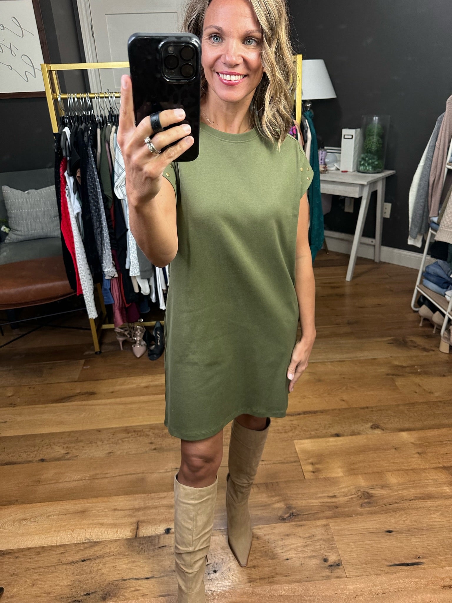 Make It A Moment Studded Sleeve Dress With Pockets - Olive