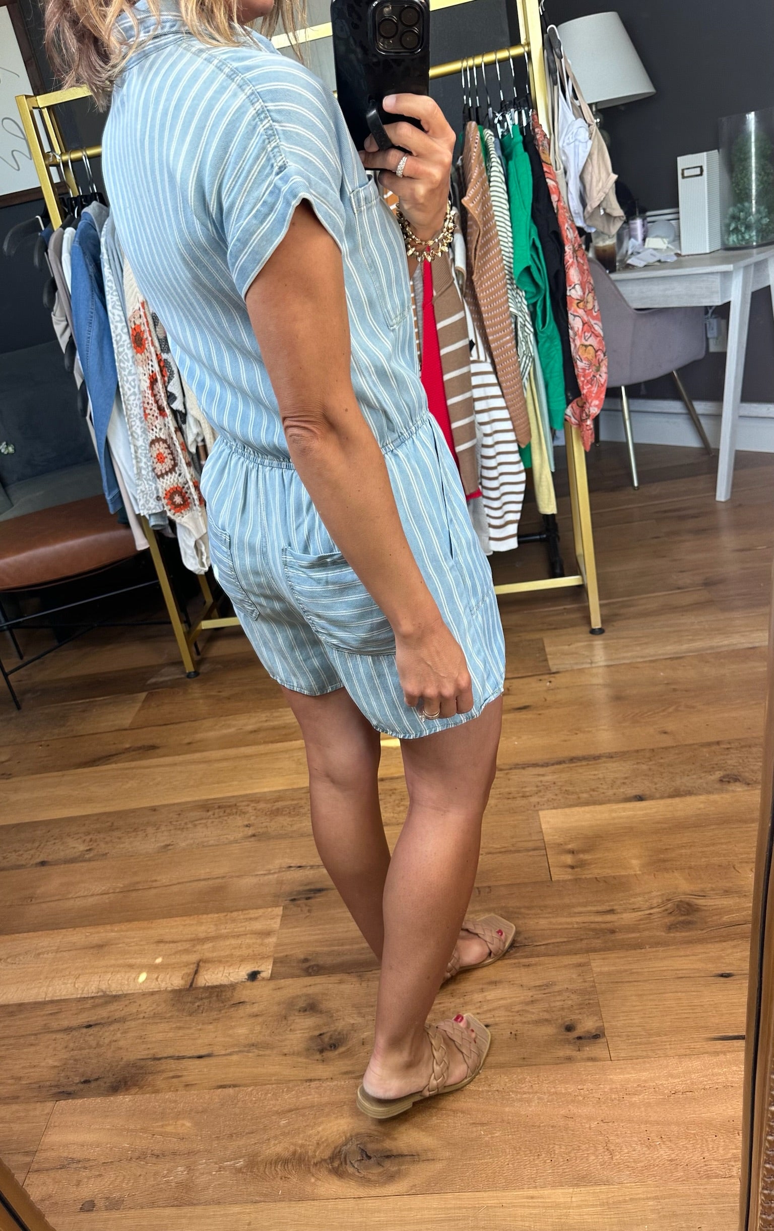 Out of the Ordinary Striped Button Romper - Denim-Rompers-Blu Pepper B4SR1004-Anna Kaytes Boutique, Women's Fashion Boutique in Grinnell, Iowa