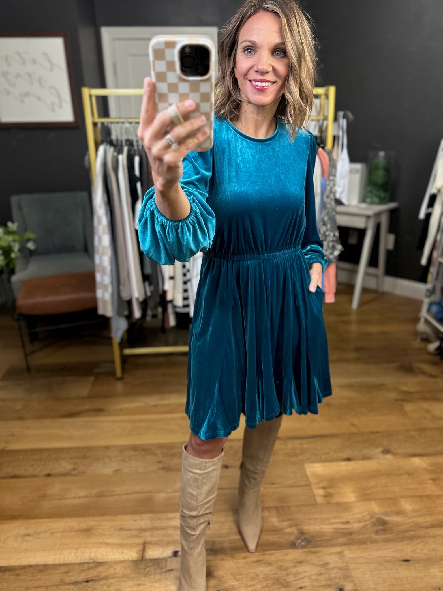 Sweeter Words Velour Dress - Teal-Jodifl-Anna Kaytes Boutique, Women's Fashion Boutique in Grinnell, Iowa