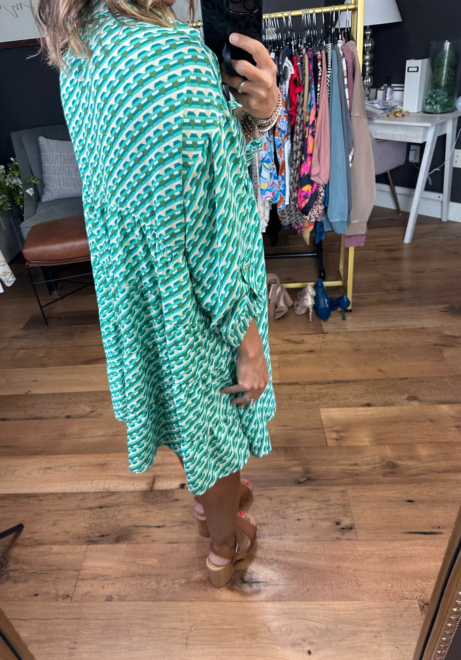 Find Your Fancy Patterned Button Detail Dress - Green