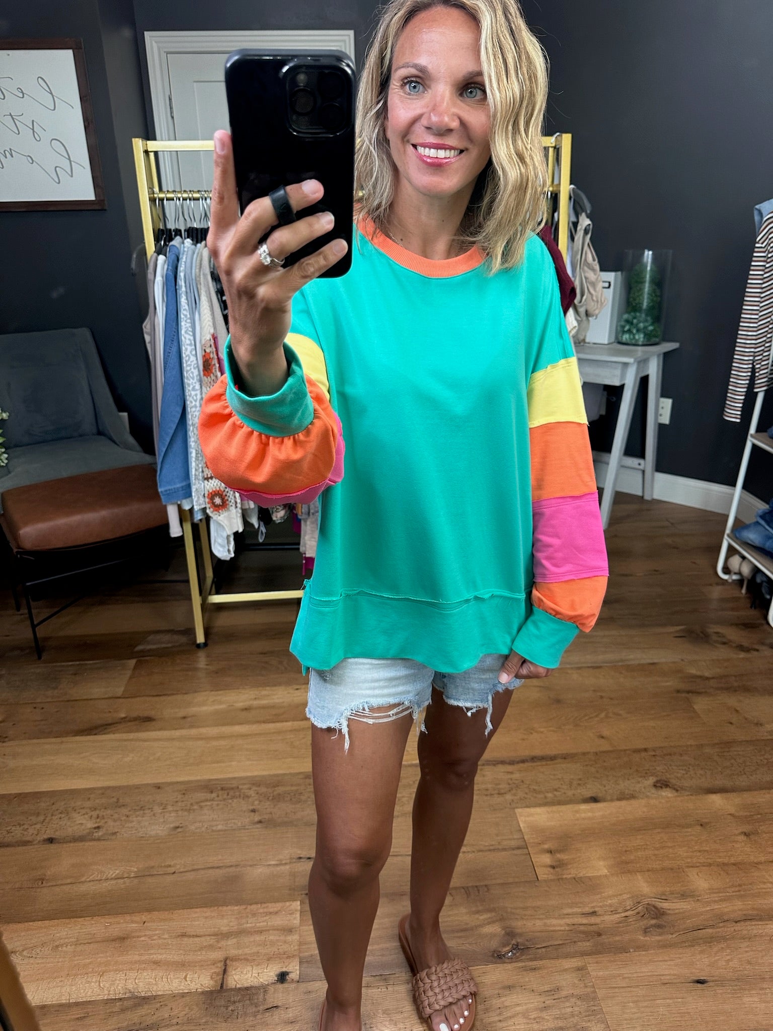 Sunburst Color Block Crewneck Sweatshirt - Jade Multi-Bibi-Anna Kaytes Boutique, Women's Fashion Boutique in Grinnell, Iowa