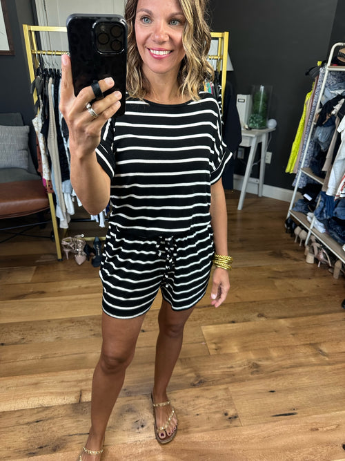 Think More Striped Romper - Black/Ivory-Zenana RP-2297ABS-Anna Kaytes Boutique, Women's Fashion Boutique in Grinnell, Iowa