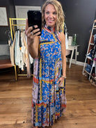 Heart of Gold High-Neck Patchwork Dress - Blue Combo-Dresses-Entro-Anna Kaytes Boutique, Women's Fashion Boutique in Grinnell, Iowa