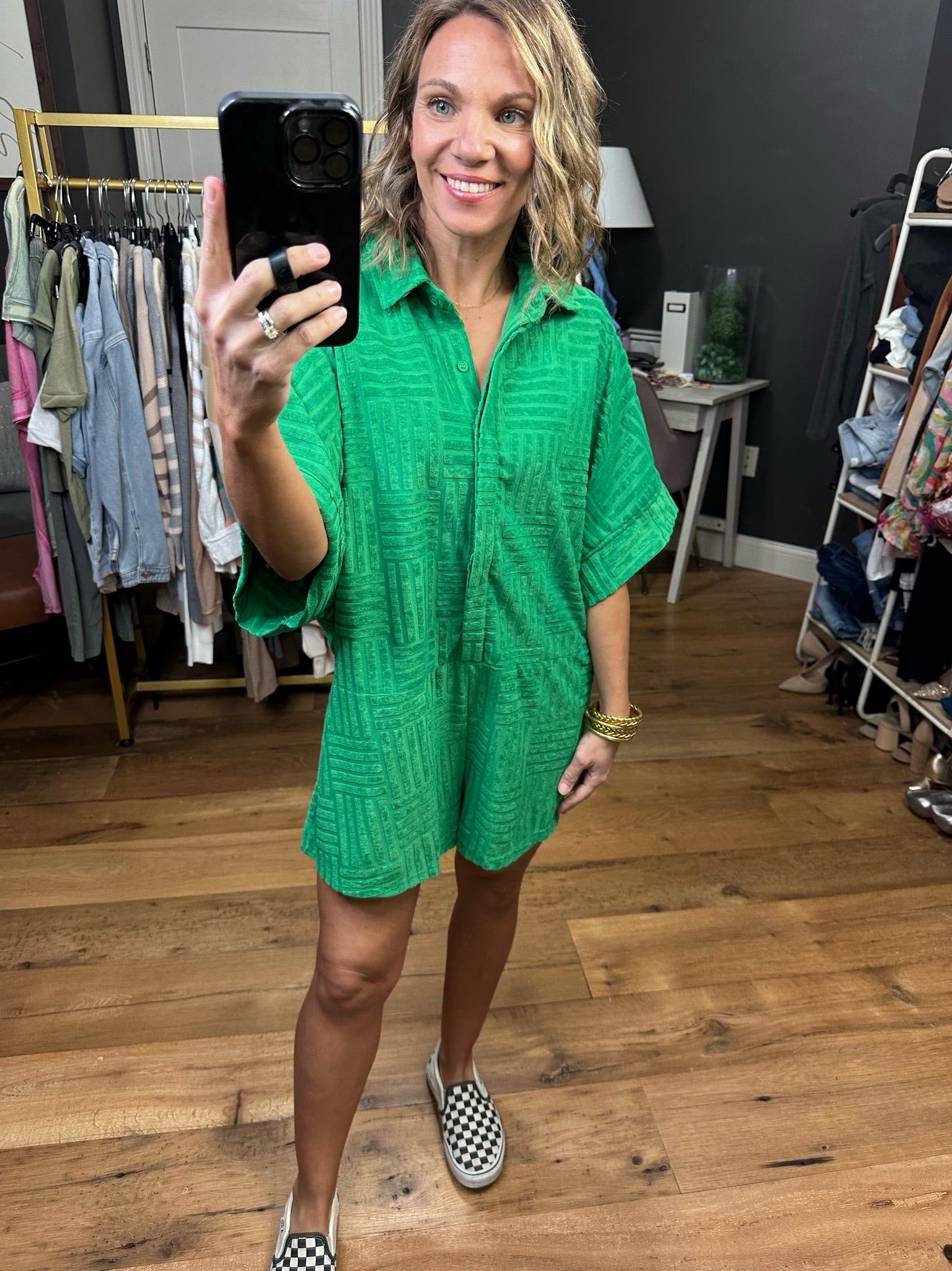 Right Mindset Textured Button-Down Romper - Green