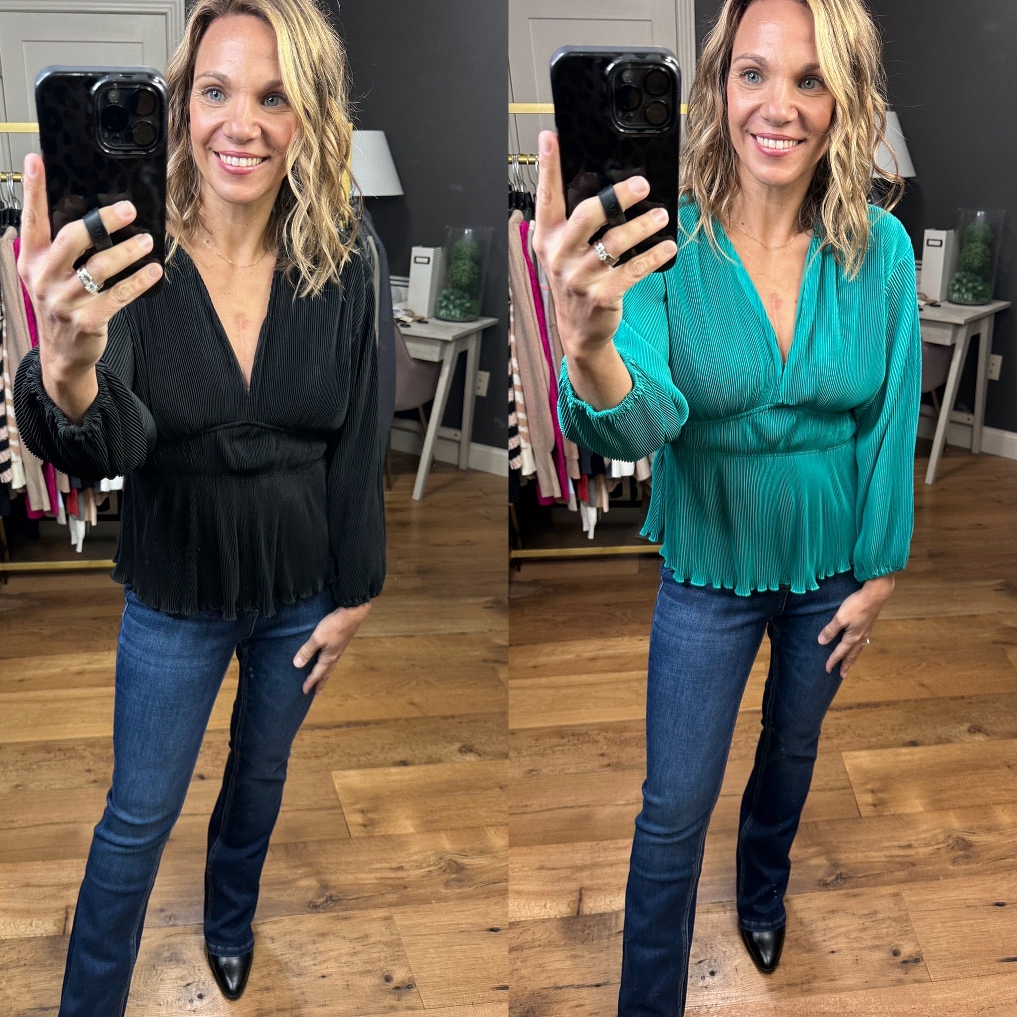 Come Along Textured Peplum V-Neck Top - Multiple Options-Long Sleeves-Wishlist WL23-7842-Anna Kaytes Boutique, Women's Fashion Boutique in Grinnell, Iowa