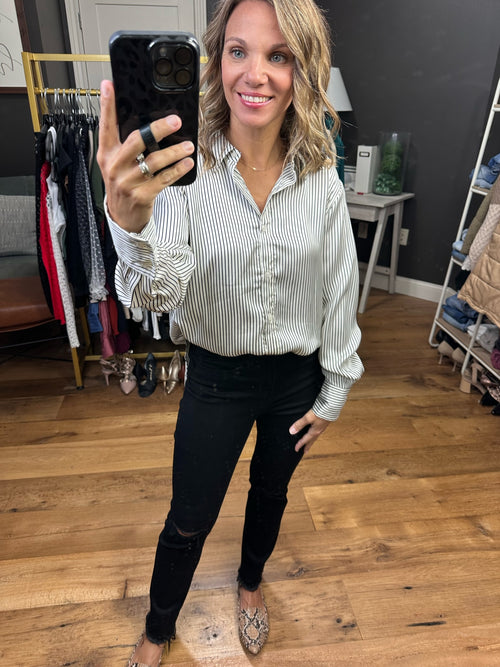 Charming Girl Striped Button-Down Top - Ivory/Black Stripe