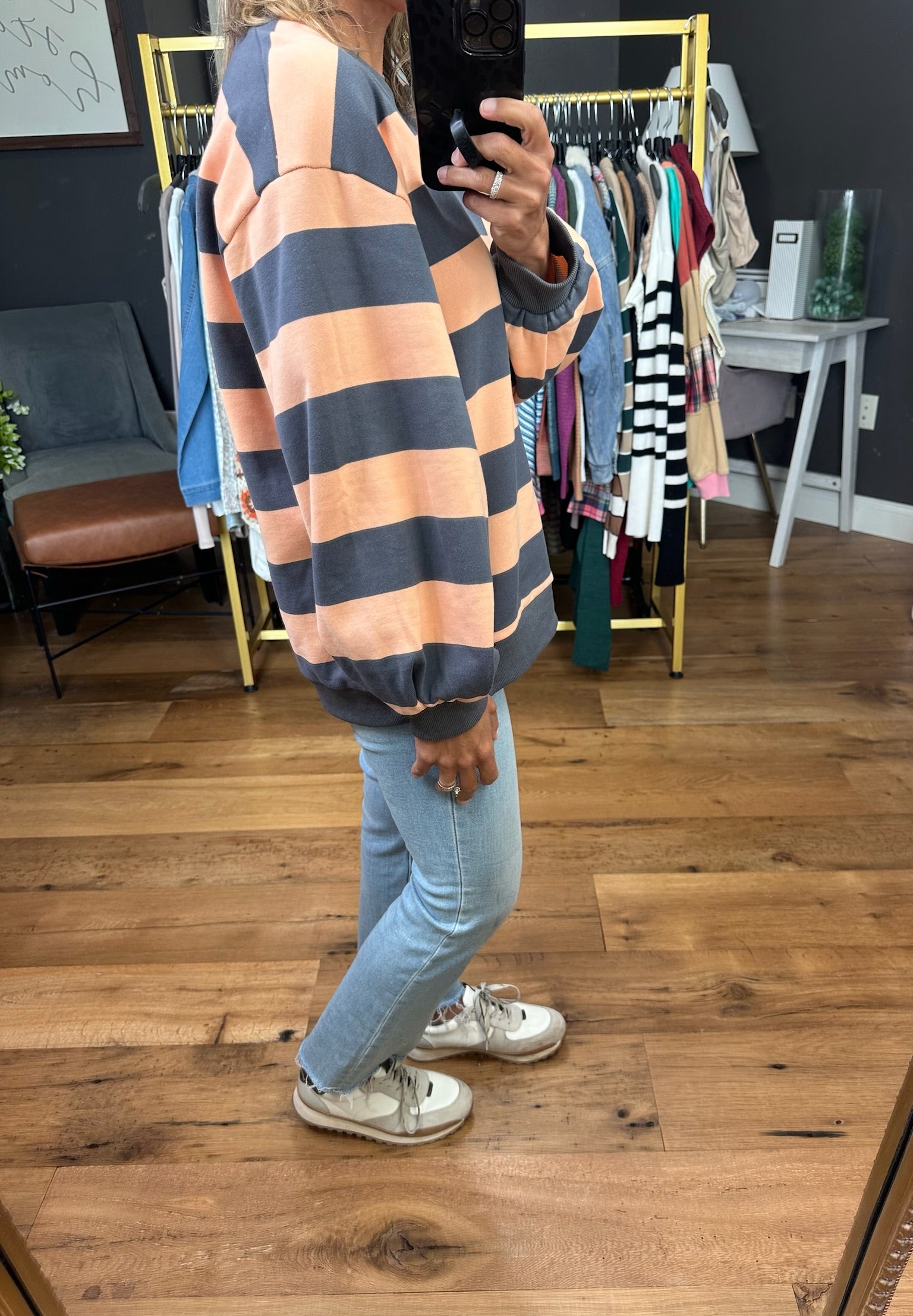 Right On Schedule Striped Crewneck - Peach/Grey-Anna Kaytes Boutique-Anna Kaytes Boutique, Women's Fashion Boutique in Grinnell, Iowa