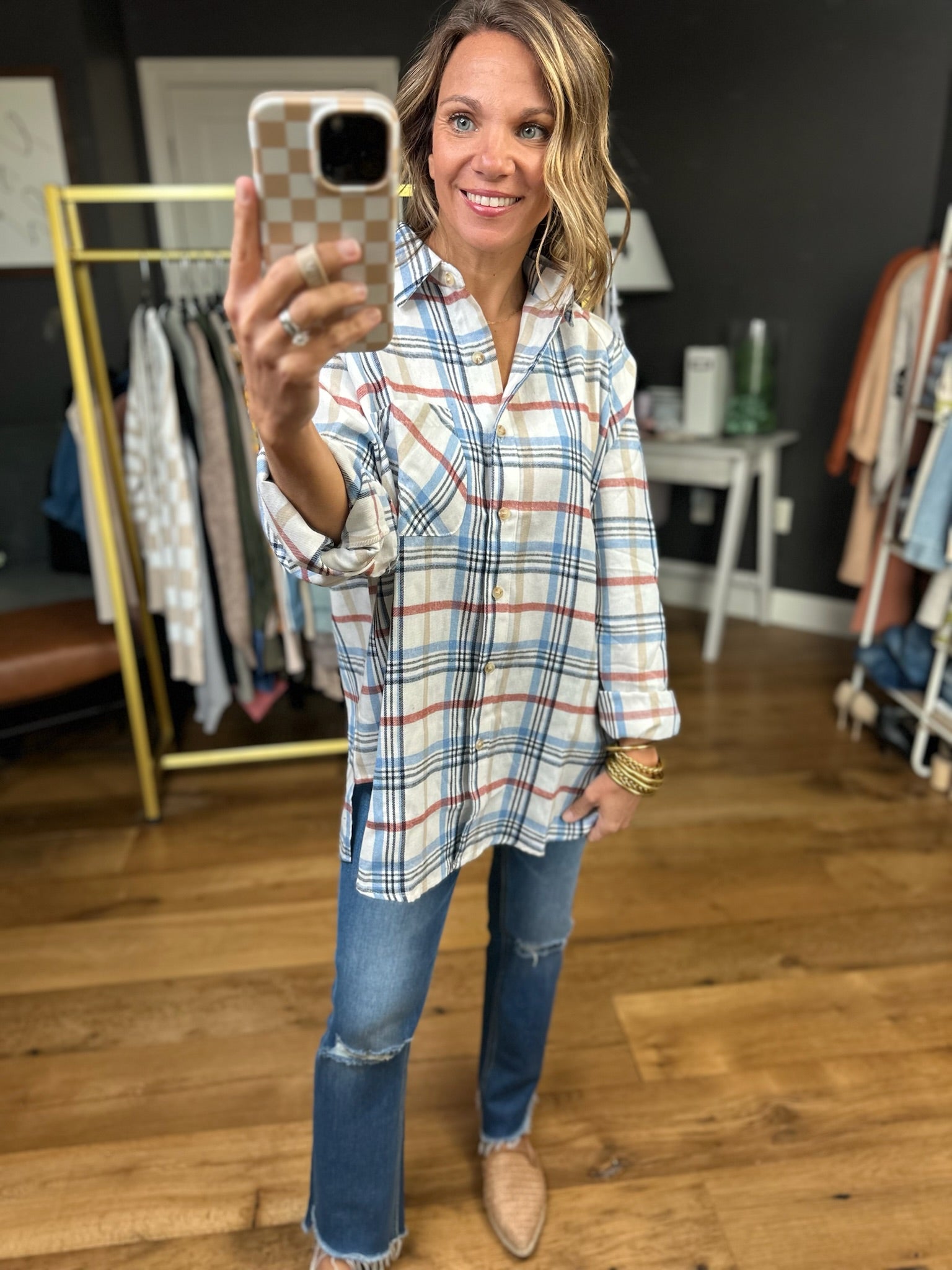 Fall Good Things Oversized Plaid Button-Down Top - Ivory/Navy-Aemi & Co-Anna Kaytes Boutique, Women's Fashion Boutique in Grinnell, Iowa