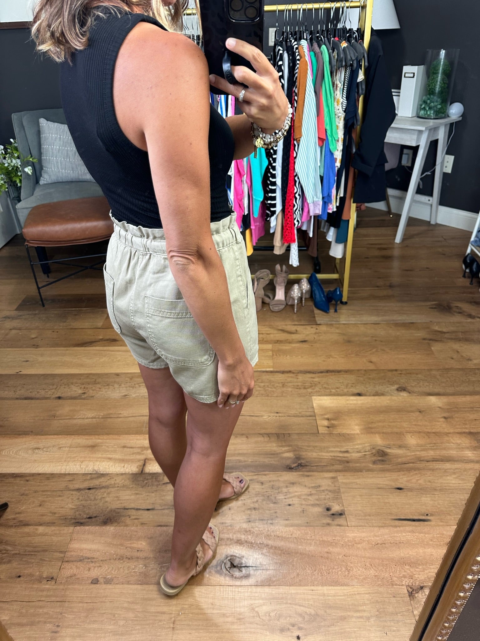 In The Know Paper Bag Short With Drawstring Waist - Olive Khaki-Shorts-Wishist WL20-5300-Anna Kaytes Boutique, Women's Fashion Boutique in Grinnell, Iowa