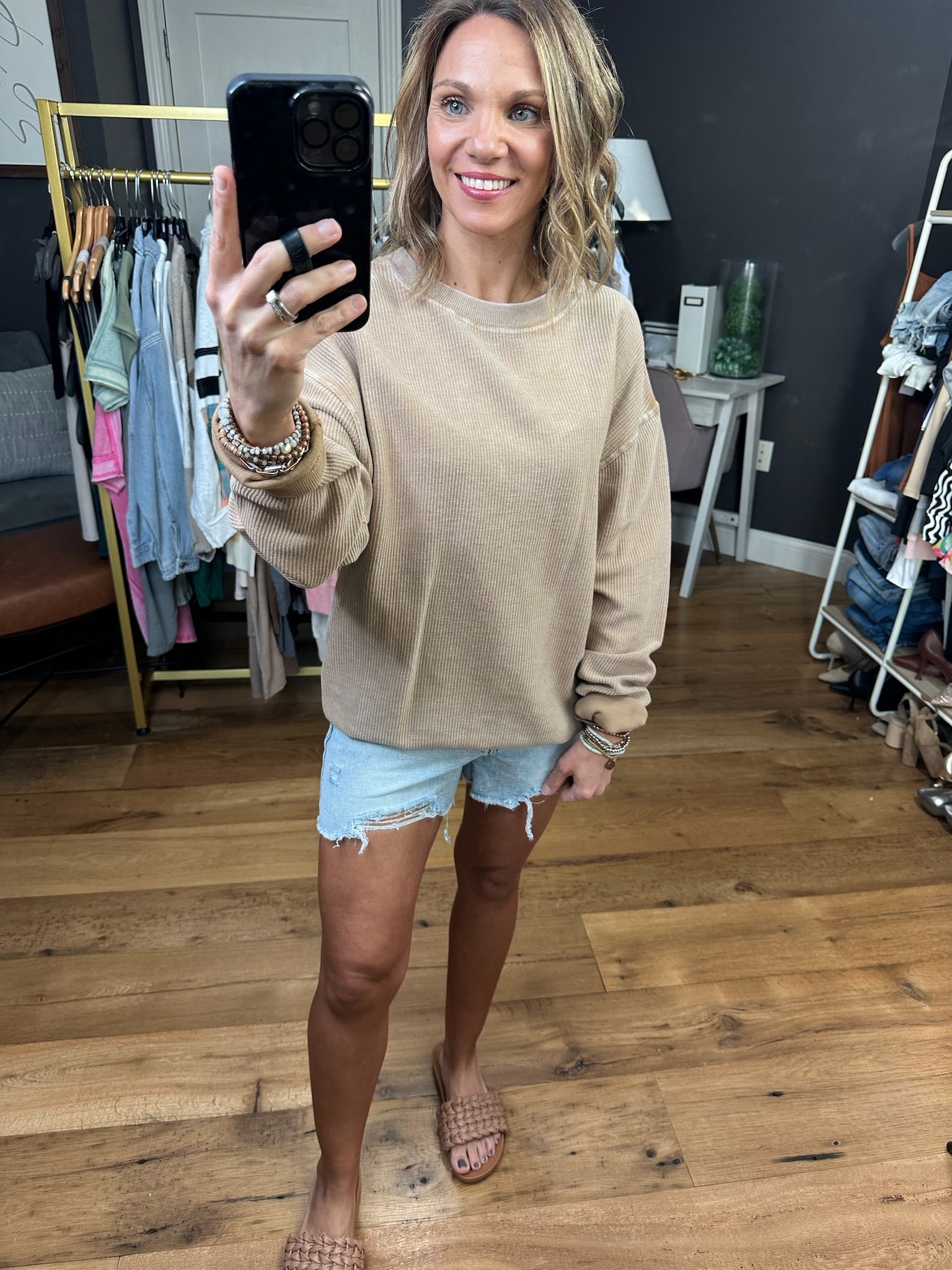 Call Me Cozy Ribbed Crewneck Sweatshirt - Sand-Sweaters-Moonryder-Anna Kaytes Boutique, Women's Fashion Boutique in Grinnell, Iowa