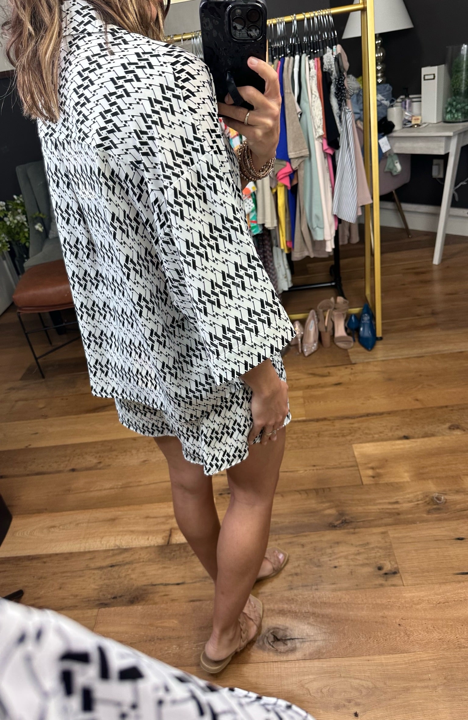 Count Me In Patterned Short + Button-Down Top Set - Black/Ivory-Shorts-Entro T20468 P20469-Anna Kaytes Boutique, Women's Fashion Boutique in Grinnell, Iowa