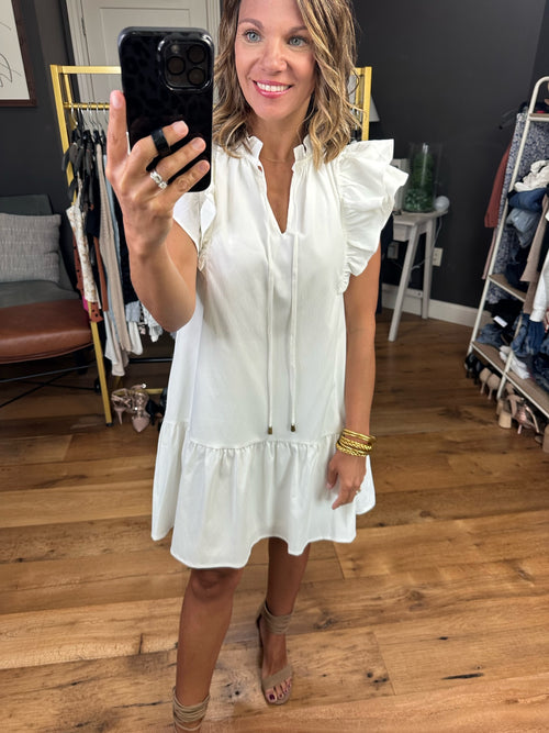 Where The Wildflowers Grow Flutter Sleeve Dress - Off White-Dresses-Entro D18727-Anna Kaytes Boutique, Women's Fashion Boutique in Grinnell, Iowa