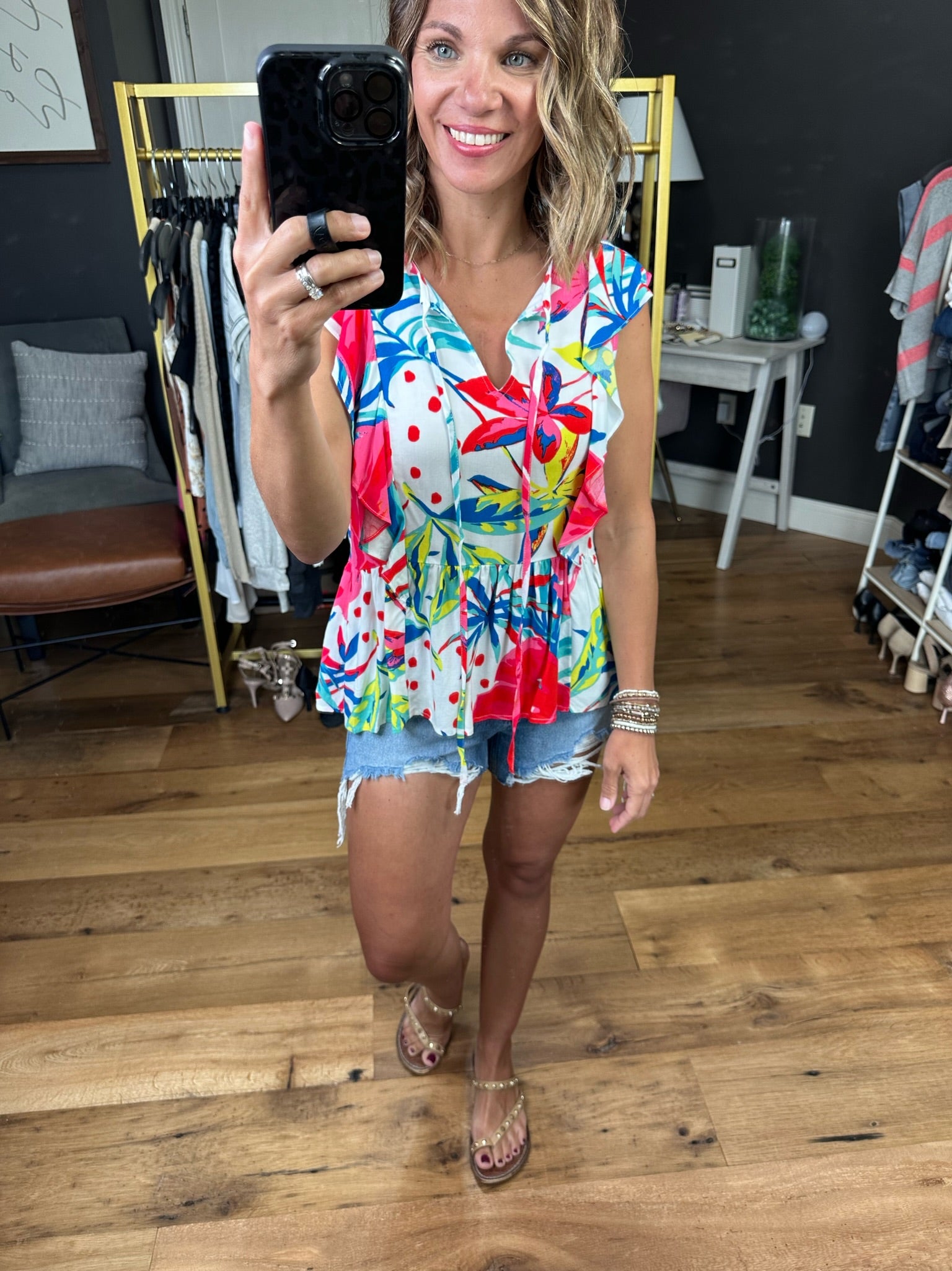 Perfect Weather Floral Top With Flutter Sleeve Detail - Ivory Multi-Short Sleeves-Andree By Unit Emily Wonder T10455-12-Anna Kaytes Boutique, Women's Fashion Boutique in Grinnell, Iowa