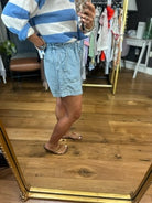 The Noah Pinstripe Chambray Paperbag Shorts-Blu Pepper-Anna Kaytes Boutique, Women's Fashion Boutique in Grinnell, Iowa