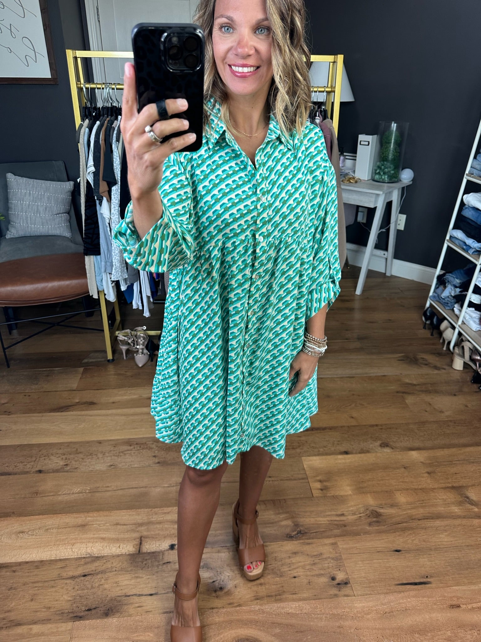 Find Your Fancy Patterned Button Detail Dress - Green