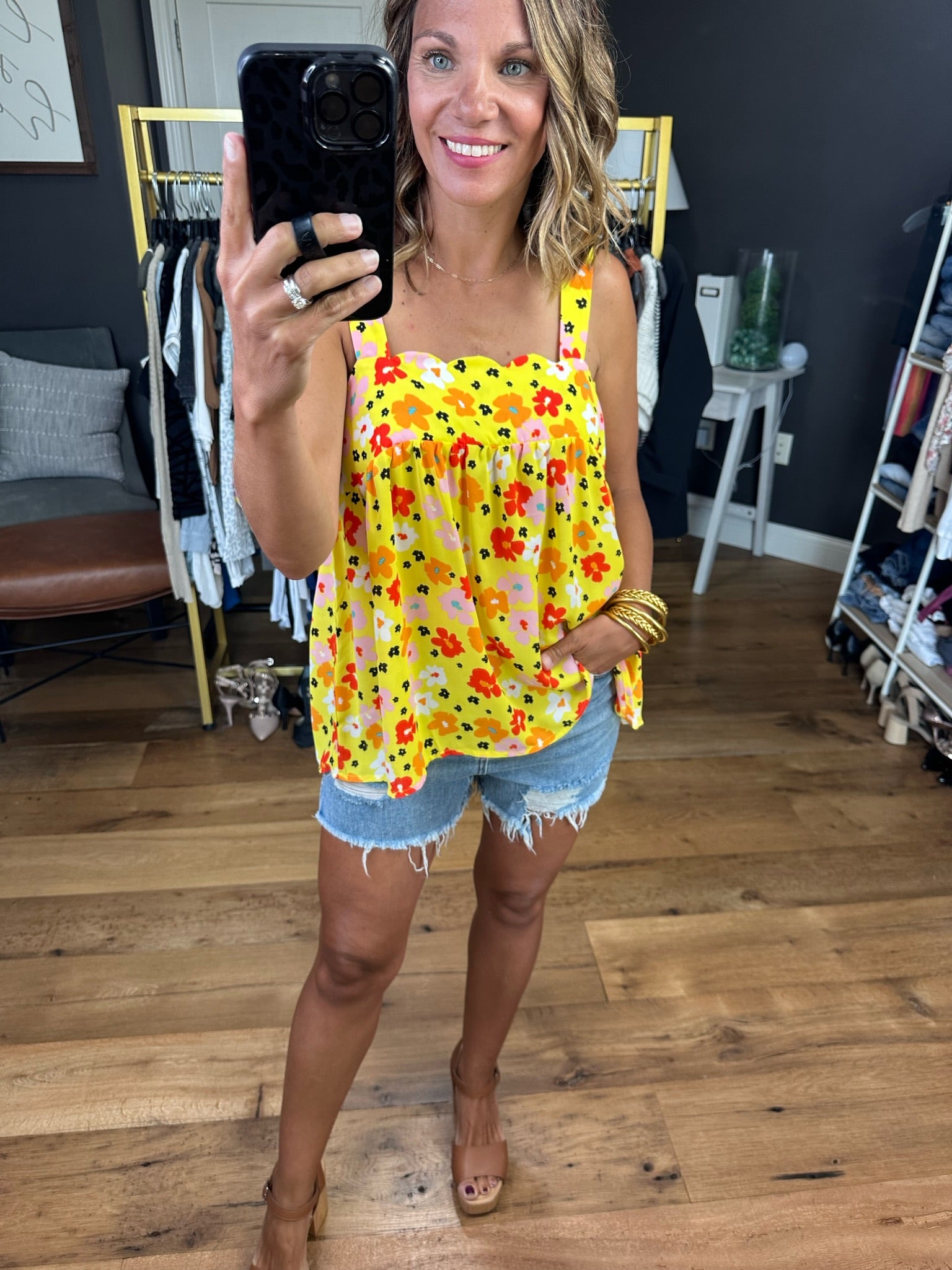 Couldn't Be Happier Floral Flowy Top With Scallop Detail - Yellow-Sleeveless-Andree By Unit Emily Wonder T11665-Anna Kaytes Boutique, Women's Fashion Boutique in Grinnell, Iowa