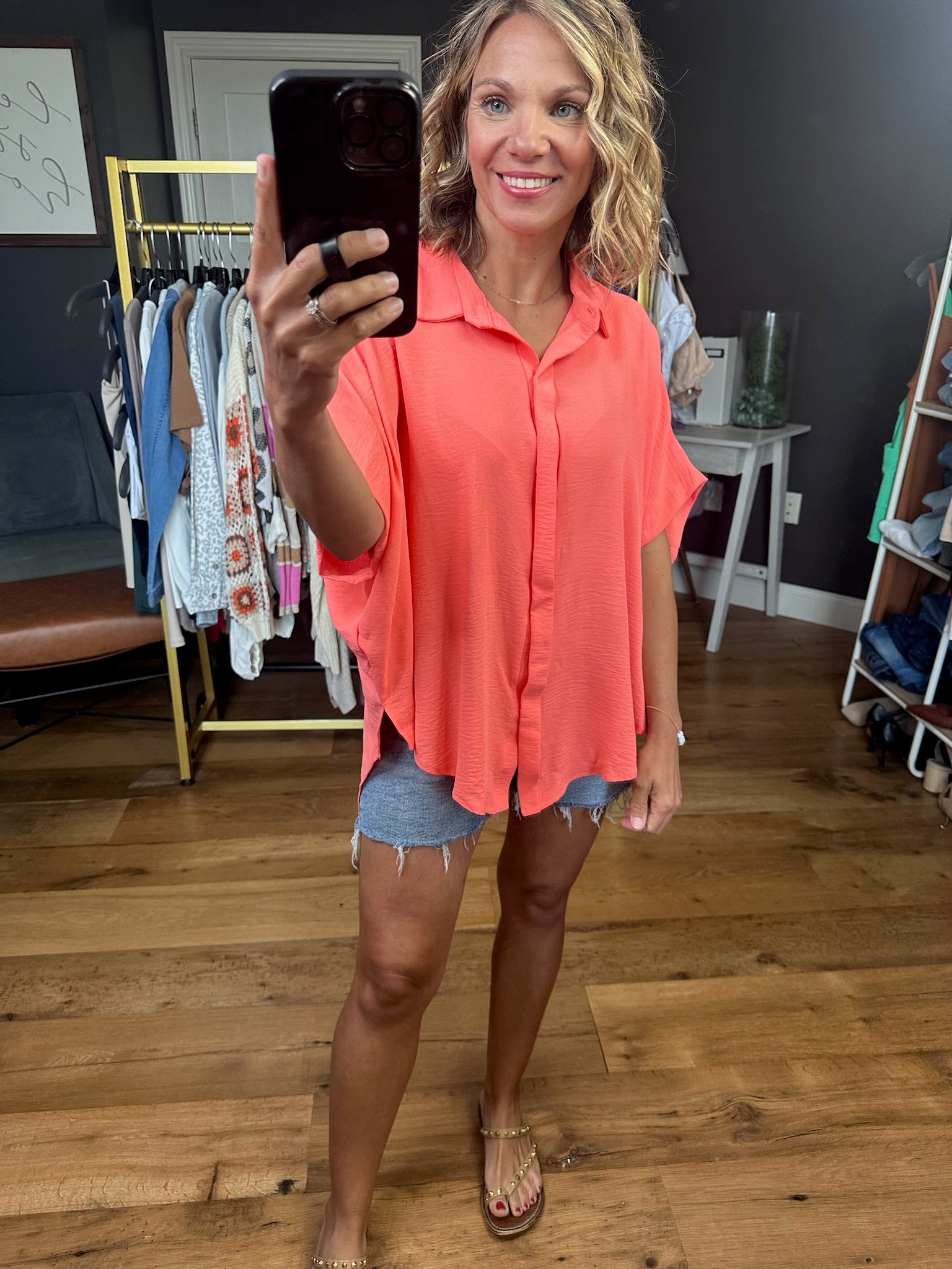 Express Yourself Button-Down Dolman Top - Neon Coral-Short Sleeves-Bucketlist-Anna Kaytes Boutique, Women's Fashion Boutique in Grinnell, Iowa