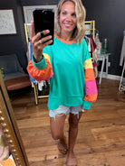 Sunburst Color Block Crewneck Sweatshirt - Jade Multi-Bibi-Anna Kaytes Boutique, Women's Fashion Boutique in Grinnell, Iowa