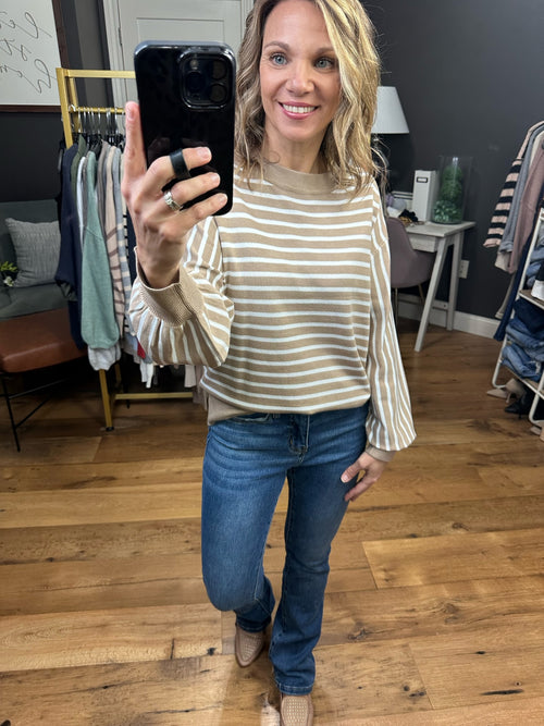 On The Dot Striped Sweater With Balloon Sleeve Detail - Taupe-Be cool 64068-Anna Kaytes Boutique, Women's Fashion Boutique in Grinnell, Iowa