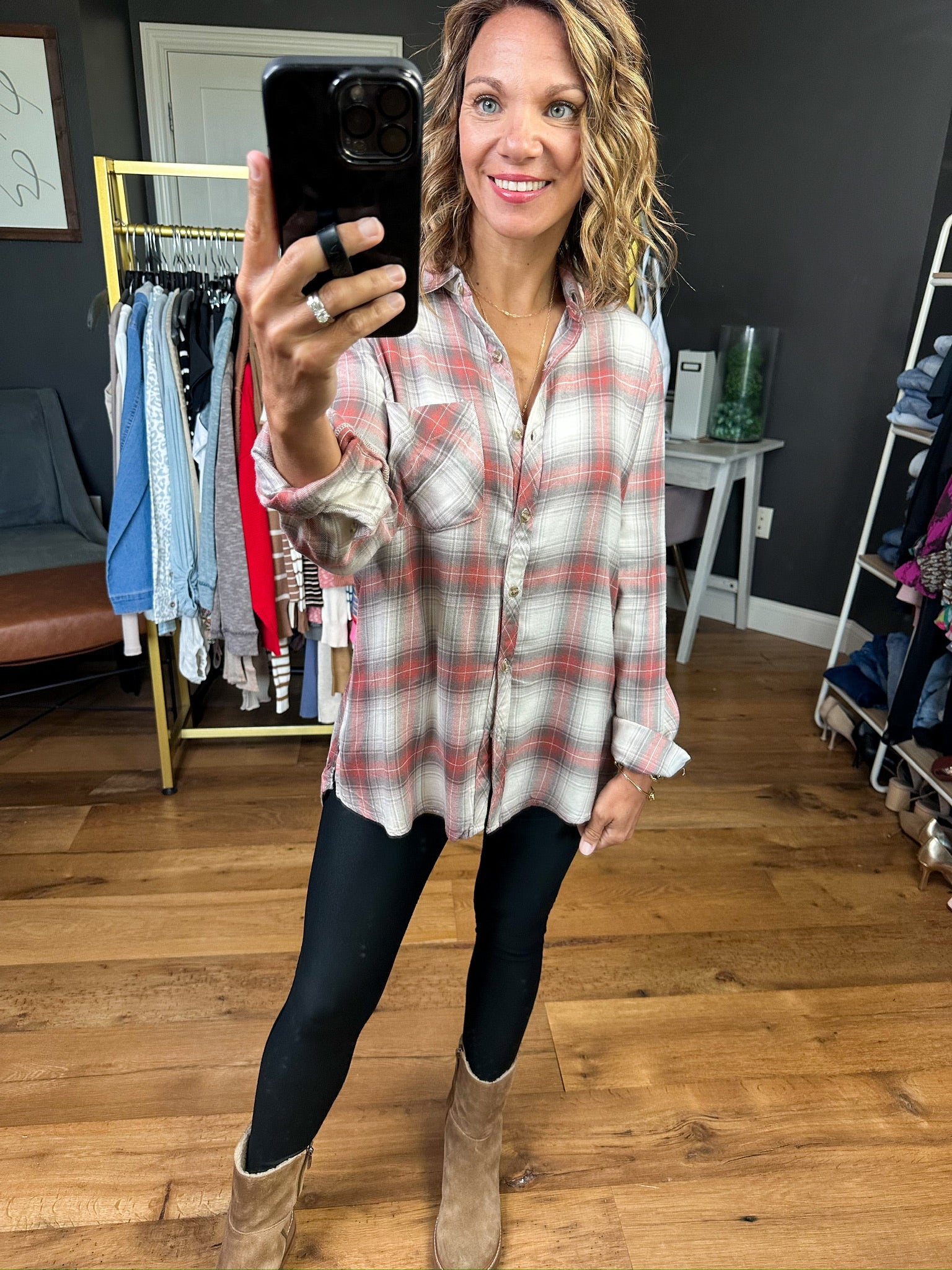 Down This Path Super Soft Plaid Flannel - Red/Grey-Be Cool-Anna Kaytes Boutique, Women's Fashion Boutique in Grinnell, Iowa