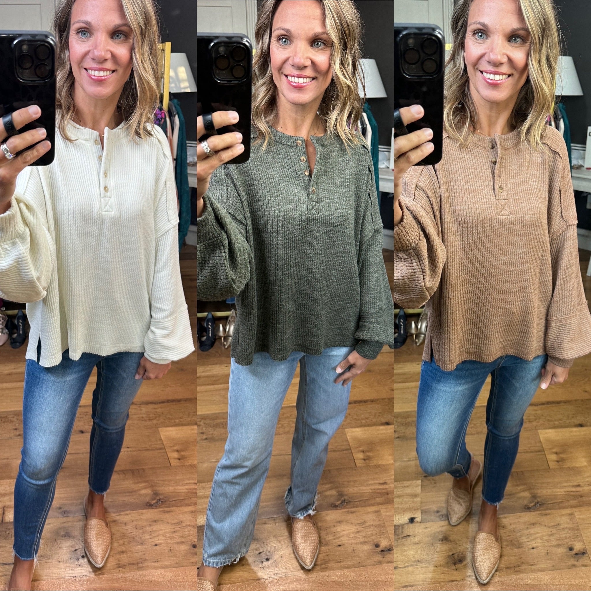 Rumors Are True Balloon Sleeve Henley Top - Multiple Options-Long Sleeves-blu Pepper B3FT1013-Anna Kaytes Boutique, Women's Fashion Boutique in Grinnell, Iowa