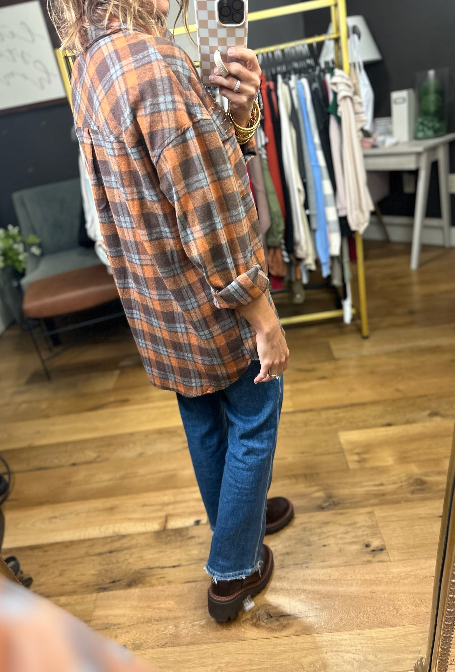 Upside Plaid Button-Down Top - Mocha-Entro-Anna Kaytes Boutique, Women's Fashion Boutique in Grinnell, Iowa