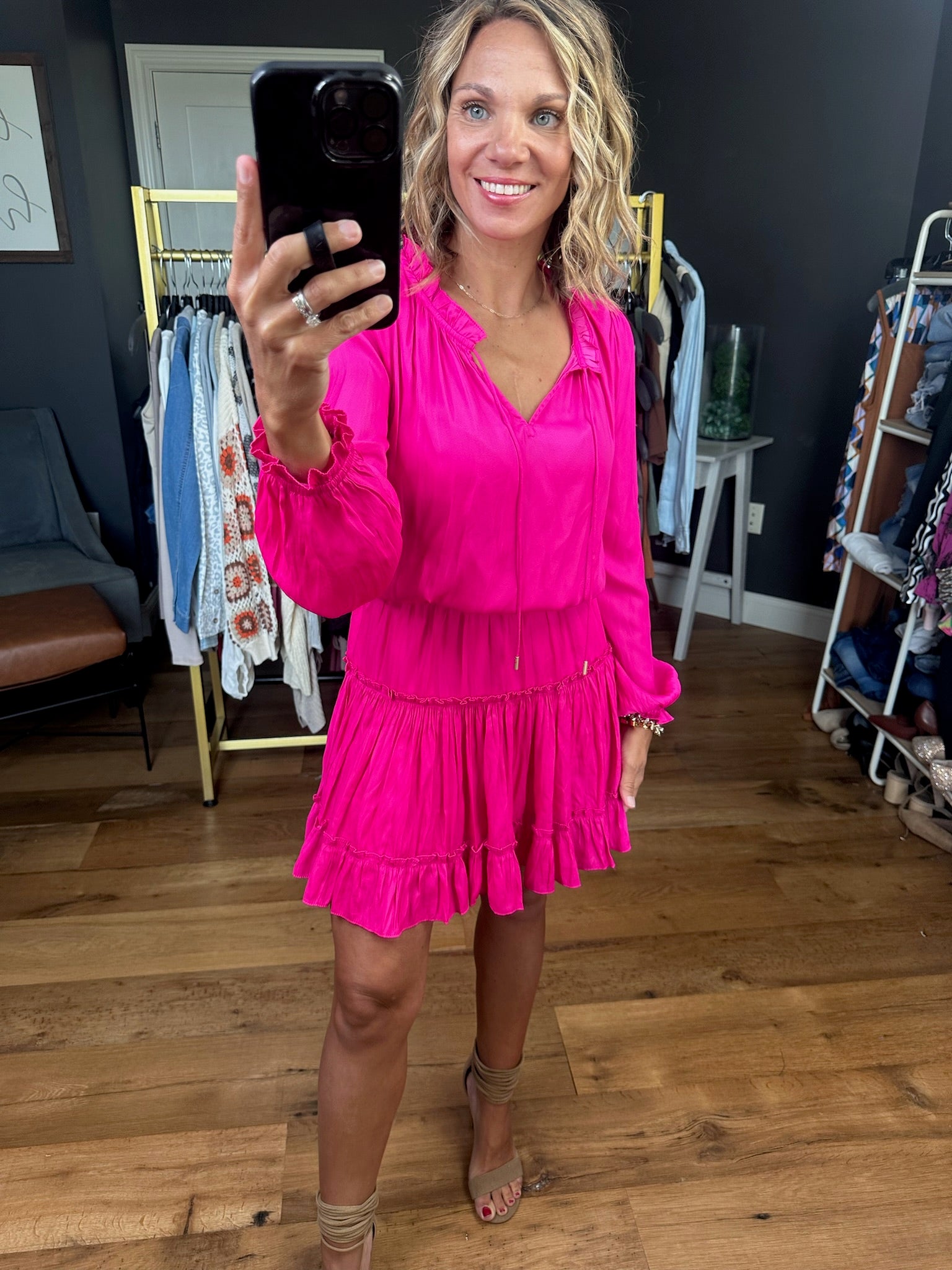 Lost In Paradise Smock-Waist Dress - Hyper Pink-Dresses-Skies Are blue-Anna Kaytes Boutique, Women's Fashion Boutique in Grinnell, Iowa