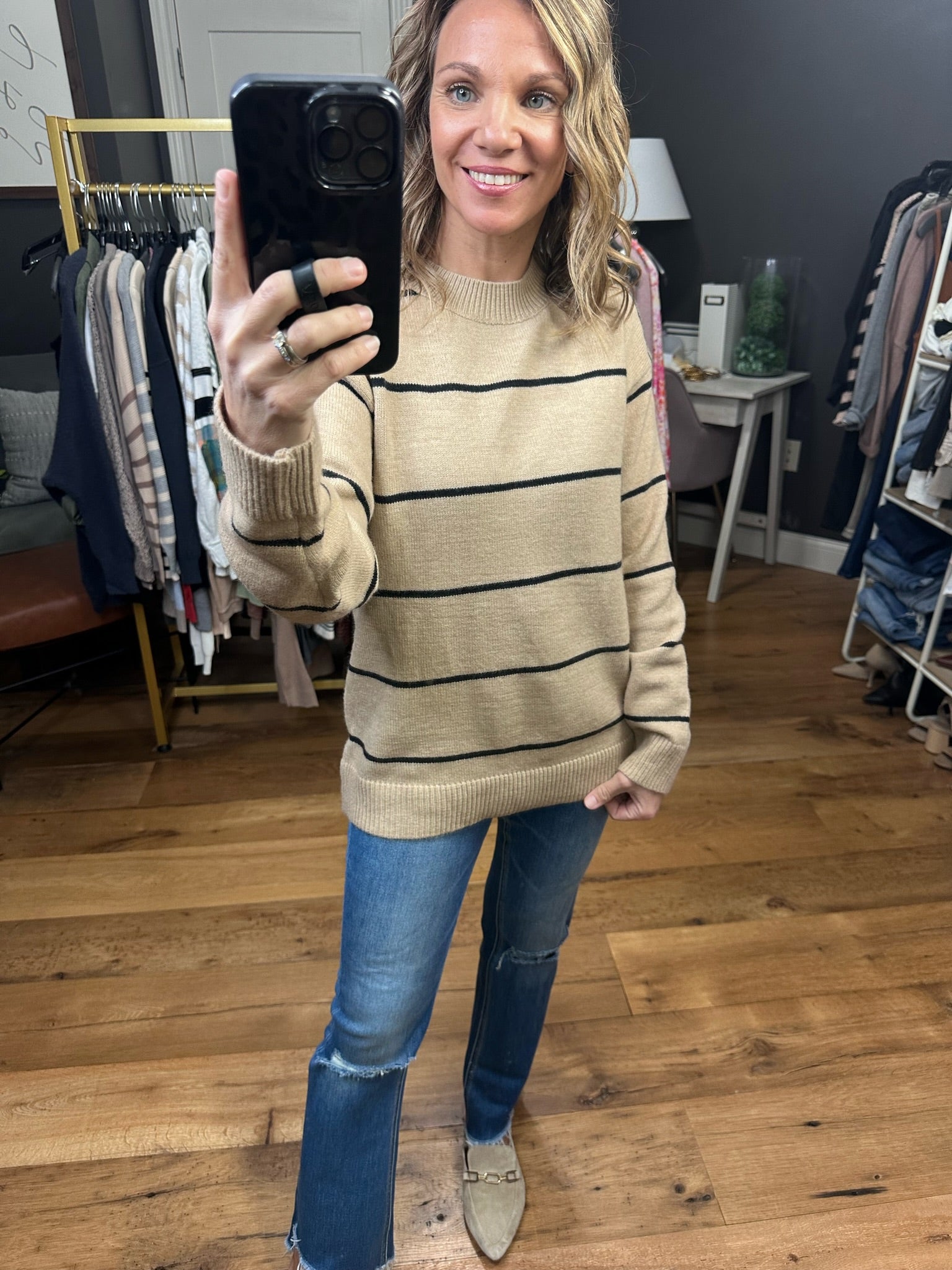 Just Believe Striped Knit Sweater - Mocha/Black-Sweaters-La Miel HCS 3553-Anna Kaytes Boutique, Women's Fashion Boutique in Grinnell, Iowa