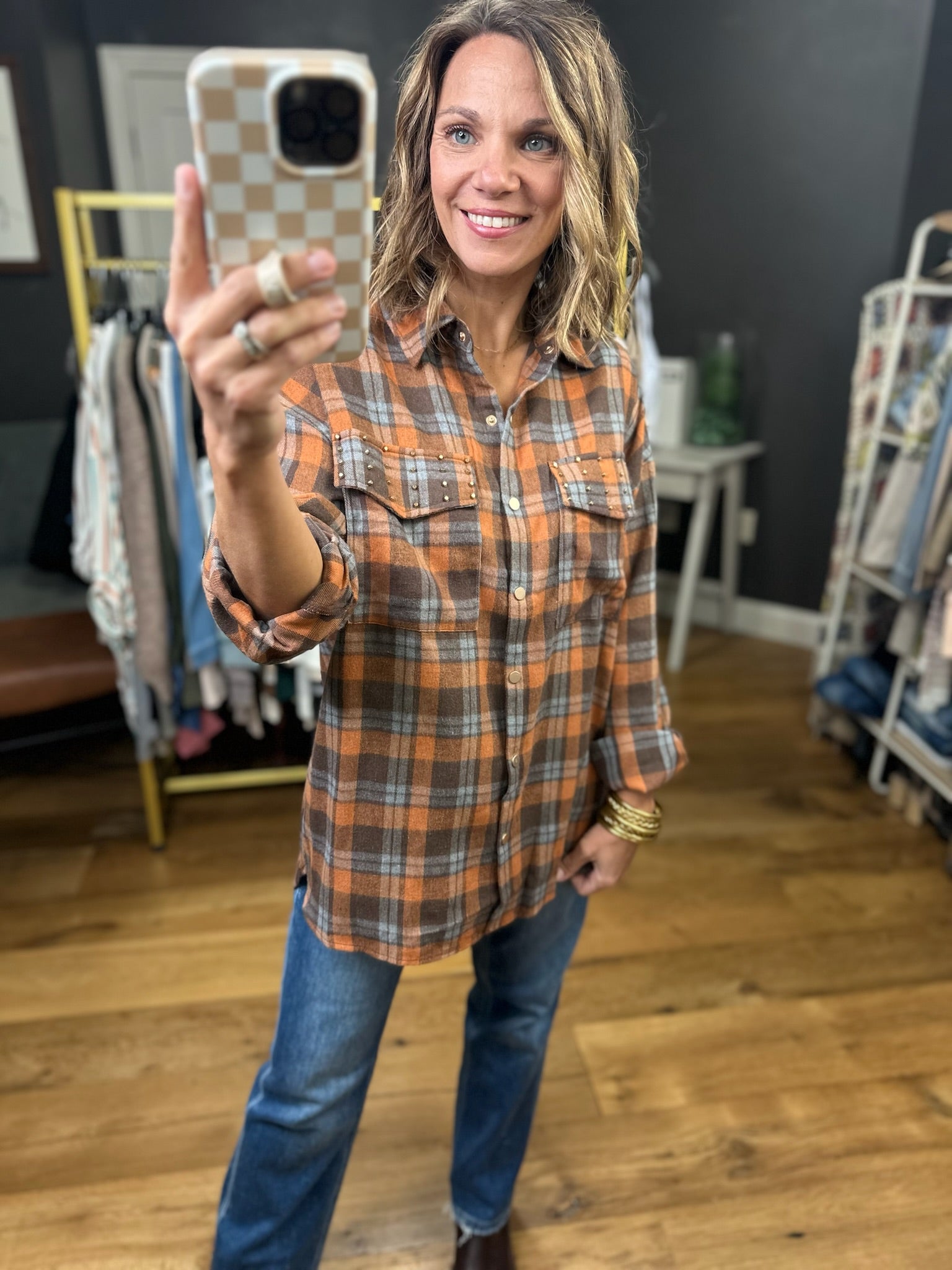 Upside Plaid Button-Down Top - Mocha-Entro-Anna Kaytes Boutique, Women's Fashion Boutique in Grinnell, Iowa