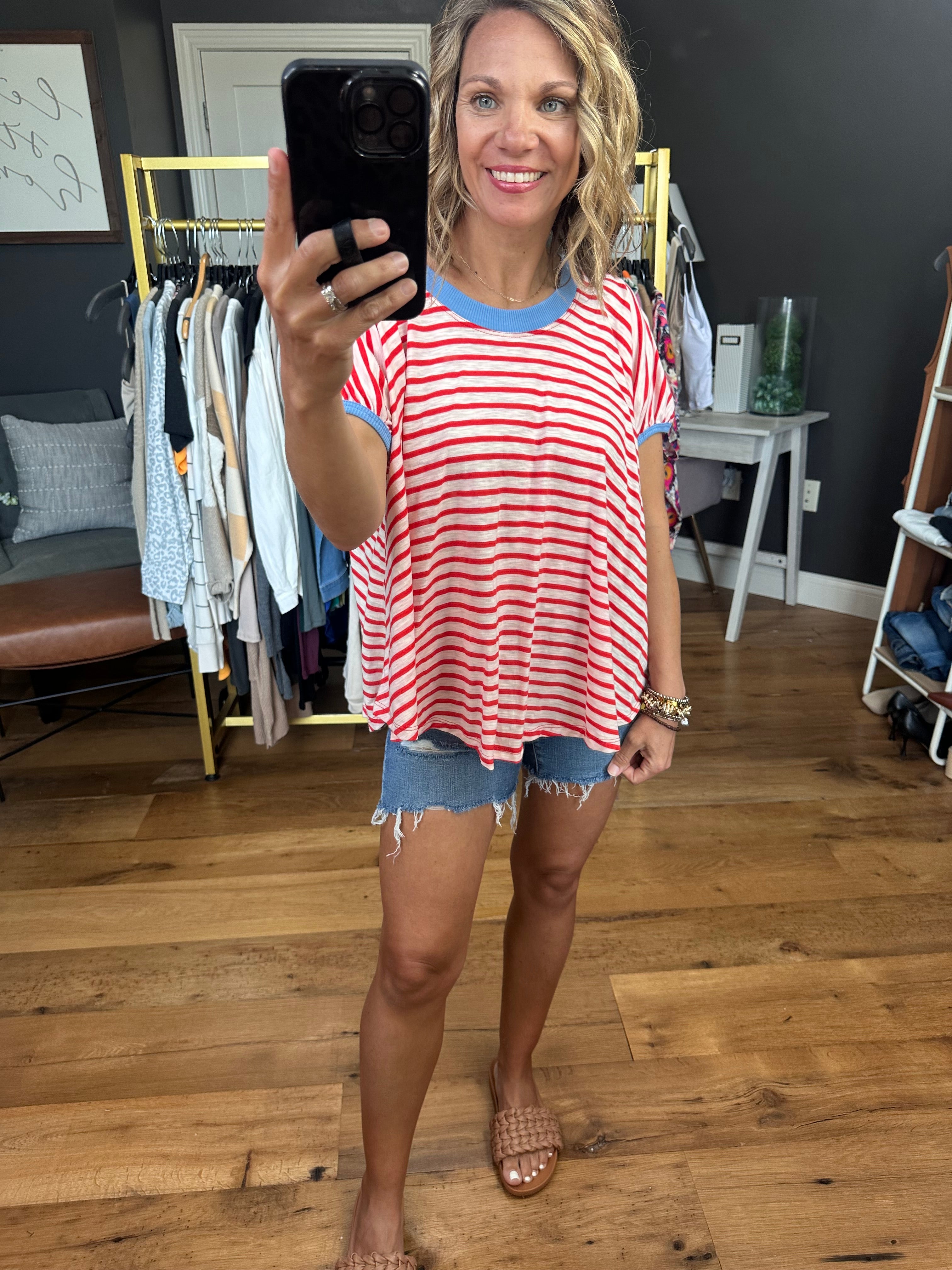 To the Point Striped Dolman Tee - Red-Short Sleeves-Ces Femme-Anna Kaytes Boutique, Women's Fashion Boutique in Grinnell, Iowa